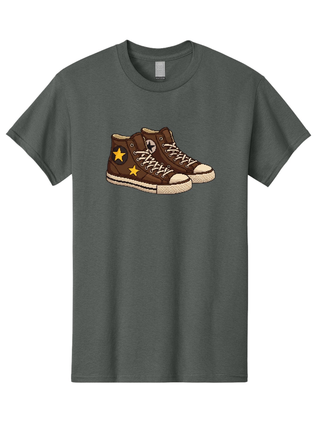 Brown-Converse Men'S Graphic Tee, 100% Cotton, Comfortable Casual Summer Wear, Machine Washable, Brown Converse Shoes, High-Top Sneakers, Yellow Stars, White Laces, Casual Footwear, Streetwear Fashion, Skateboarding Shoes, Comfortable Kicks Baa239