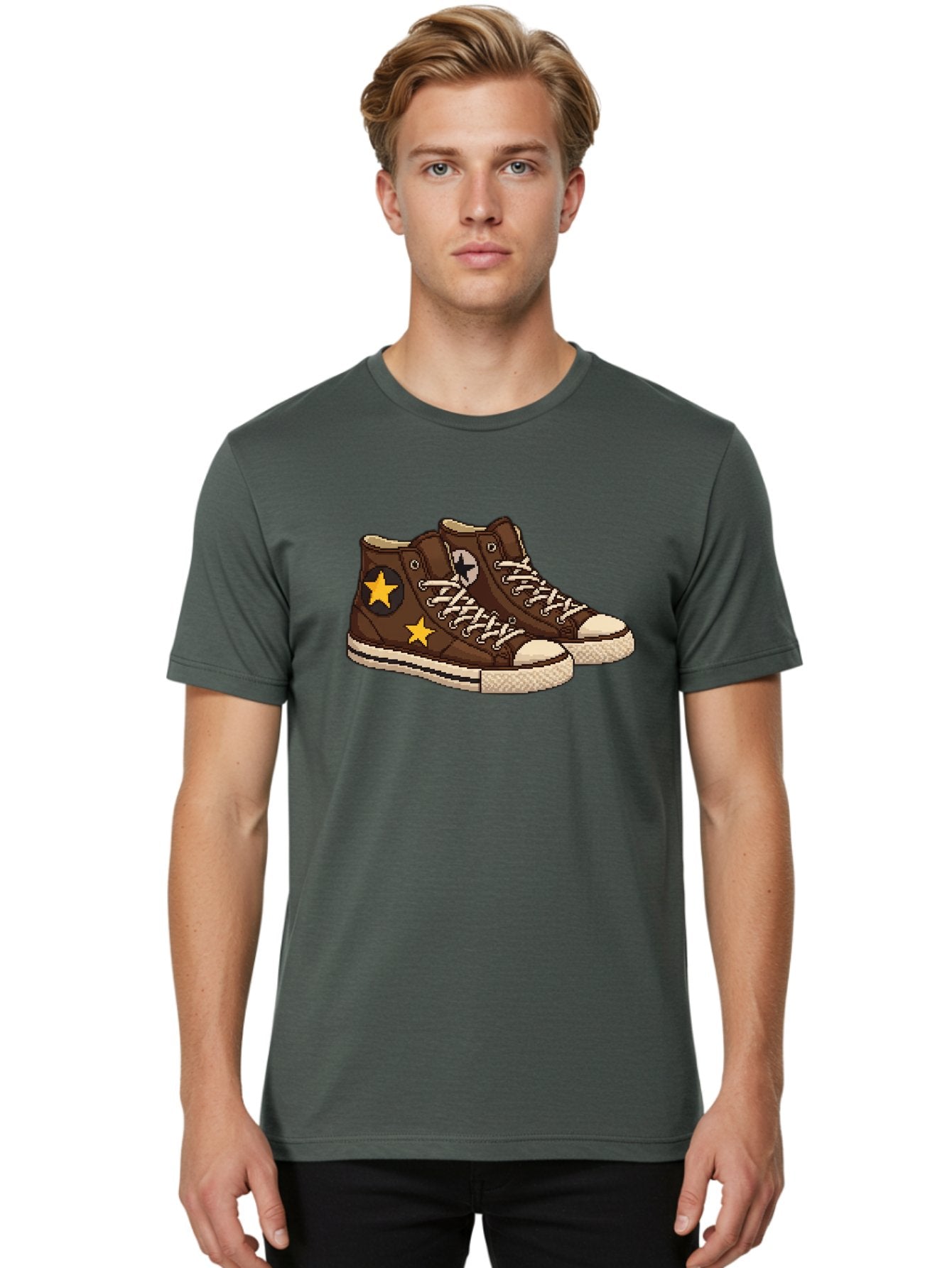 Brown-Converse Men'S Graphic Tee, 100% Cotton, Comfortable Casual Summer Wear, Machine Washable, Brown Converse Shoes, High-Top Sneakers, Yellow Stars, White Laces, Casual Footwear, Streetwear Fashion, Skateboarding Shoes, Comfortable Kicks Baa239 21