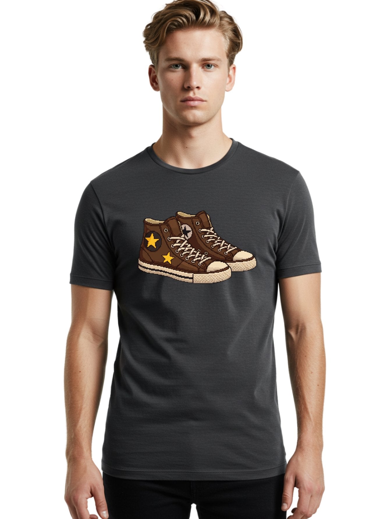 Brown-Converse Men'S Graphic Tee, 100% Cotton, Comfortable Casual Summer Wear, Machine Washable, Brown Converse Shoes, High-Top Sneakers, Yellow Stars, White Laces, Casual Footwear, Streetwear Fashion, Skateboarding Shoes, Comfortable Kicks Baa239 30