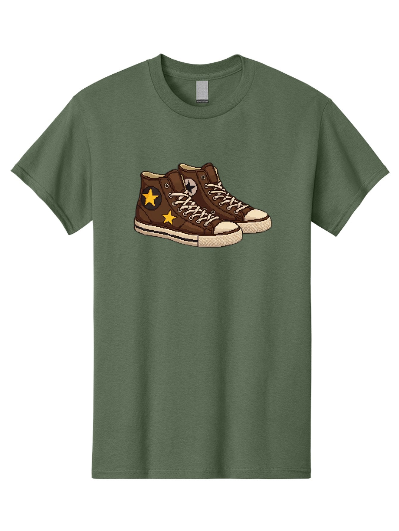 Brown-Converse Men'S Graphic Tee, 100% Cotton, Comfortable Casual Summer Wear, Machine Washable, Brown Converse Shoes, High-Top Sneakers, Yellow Stars, White Laces, Casual Footwear, Streetwear Fashion, Skateboarding Shoes, Comfortable Kicks Baa239 3