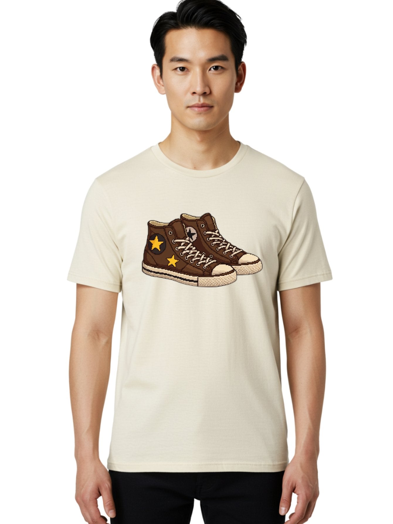 Brown-Converse Men'S Graphic Tee, 100% Cotton, Comfortable Casual Summer Wear, Machine Washable, Brown Converse Shoes, High-Top Sneakers, Yellow Stars, White Laces, Casual Footwear, Streetwear Fashion, Skateboarding Shoes, Comfortable Kicks Baa239 27