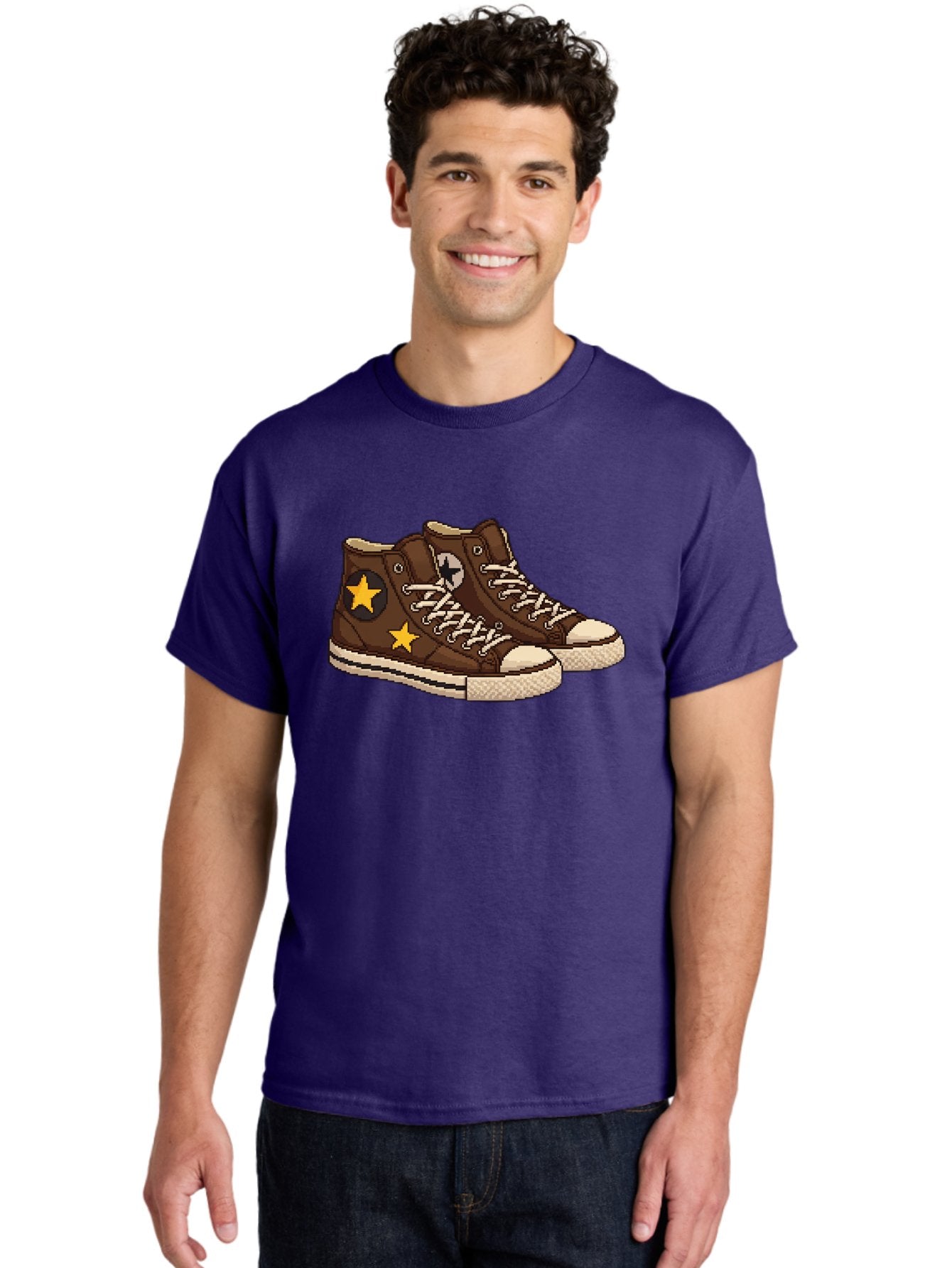 Brown-Converse Men'S Graphic Tee, 100% Cotton, Comfortable Casual Summer Wear, Machine Washable, Brown Converse Shoes, High-Top Sneakers, Yellow Stars, White Laces, Casual Footwear, Streetwear Fashion, Skateboarding Shoes, Comfortable Kicks Baa239 17