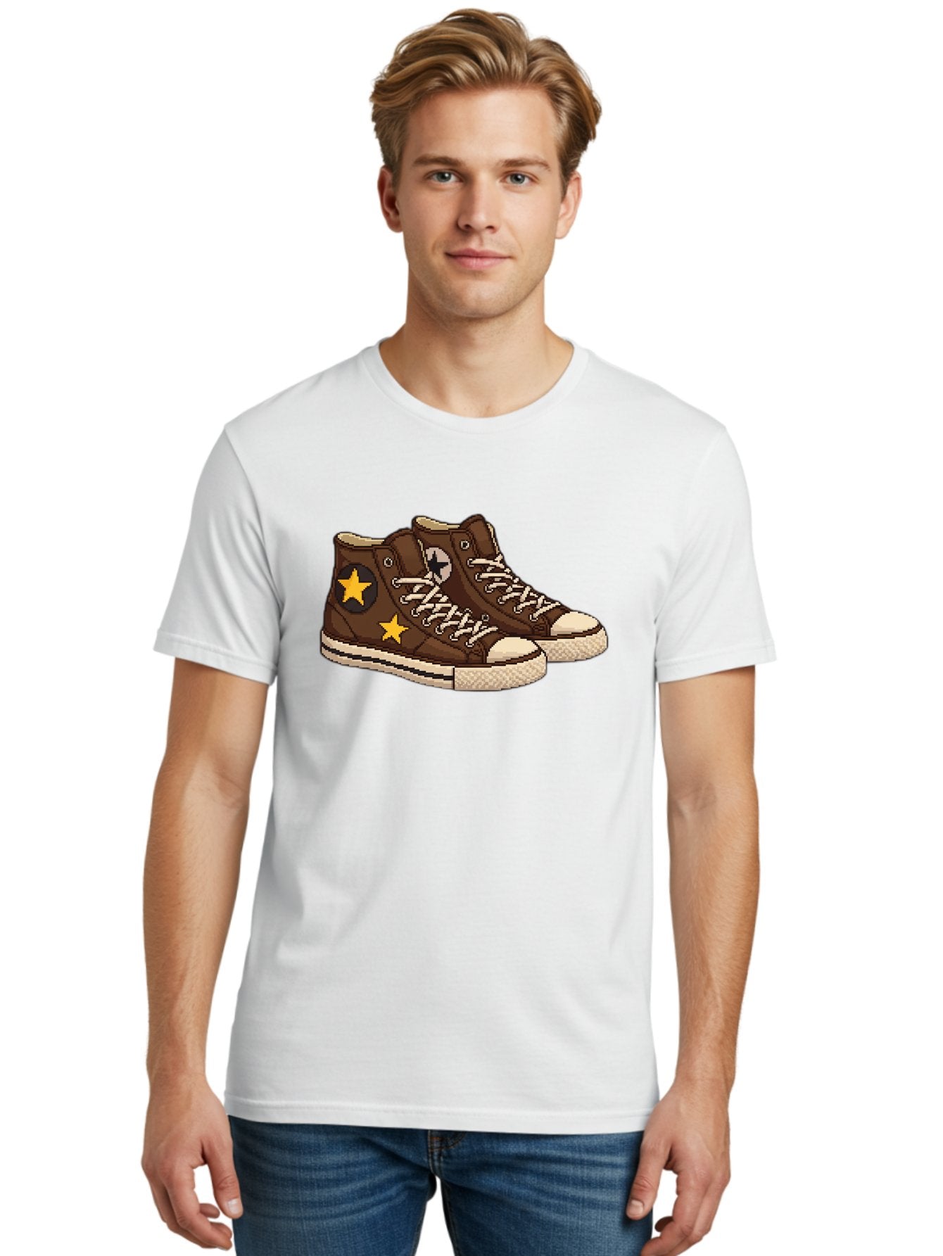 Brown-Converse Men'S Graphic Tee, 100% Cotton, Comfortable Casual Summer Wear, Machine Washable, Brown Converse Shoes, High-Top Sneakers, Yellow Stars, White Laces, Casual Footwear, Streetwear Fashion, Skateboarding Shoes, Comfortable Kicks Baa239 25
