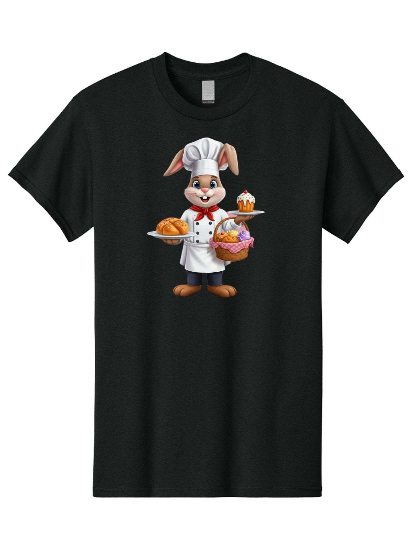 Bunny-Chef Men'S Graphic Tee, 100% Cotton, Comfortable Casual Summer Wear, Machine Washable, Cartoon Bunny Chef, Baked Goods, Cupcake, Bread, Basket Of Pastries, Chef Hat, Red Bow Tie, White Coat, Happy Expression, Easter Theme, Bakery Items Baa241 5