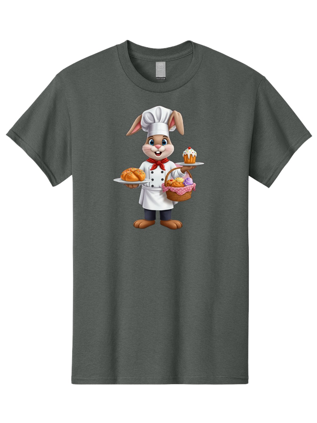 Bunny-Chef Men'S Graphic Tee, 100% Cotton, Comfortable Casual Summer Wear, Machine Washable, Cartoon Bunny Chef, Baked Goods, Cupcake, Bread, Basket Of Pastries, Chef Hat, Red Bow Tie, White Coat, Happy Expression, Easter Theme, Bakery Items Baa241 10