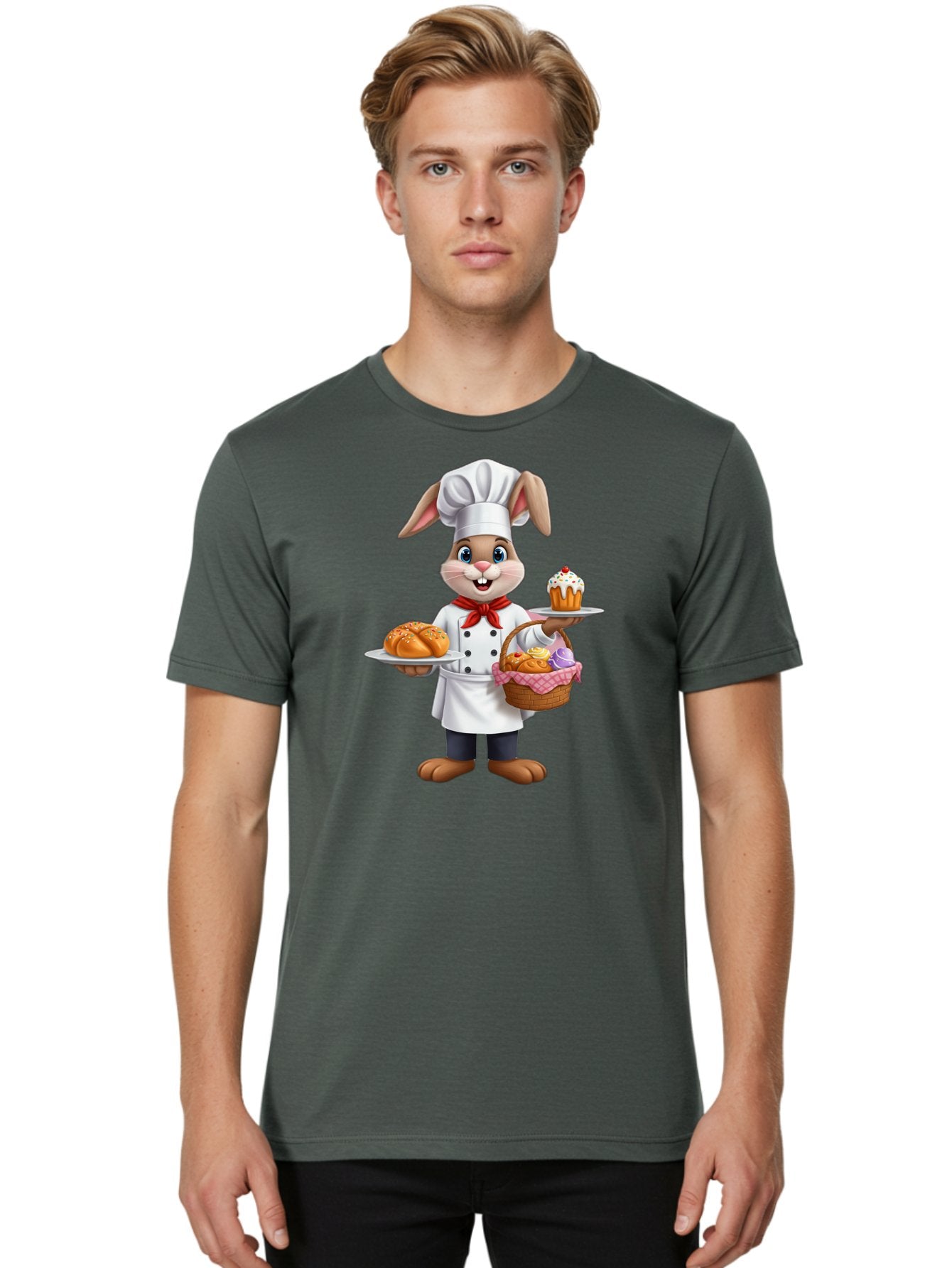 Bunny-Chef Men'S Graphic Tee, 100% Cotton, Comfortable Casual Summer Wear, Machine Washable, Cartoon Bunny Chef, Baked Goods, Cupcake, Bread, Basket Of Pastries, Chef Hat, Red Bow Tie, White Coat, Happy Expression, Easter Theme, Bakery Items Baa241 17