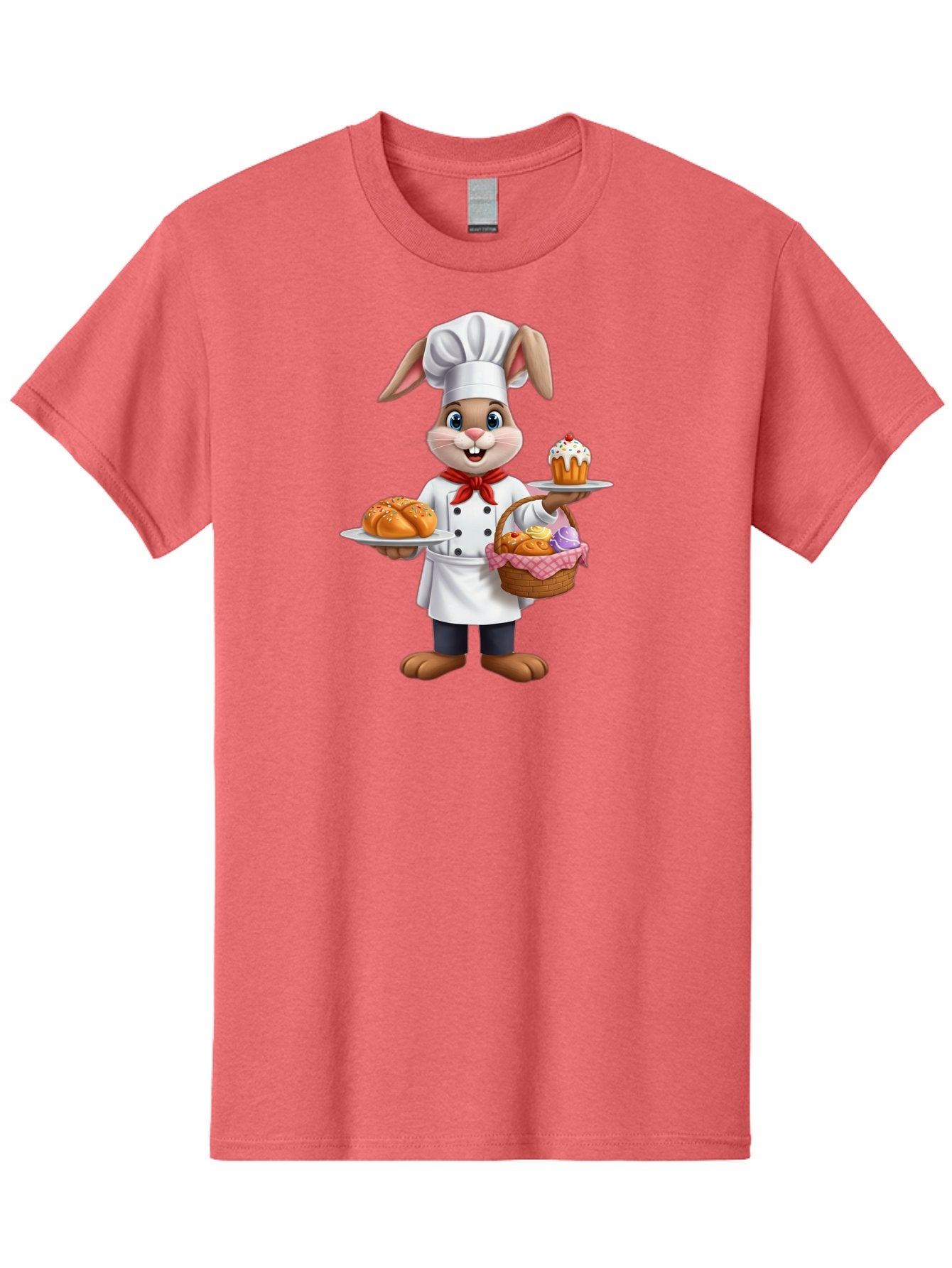 Bunny-Chef Men'S Graphic Tee, 100% Cotton, Comfortable Casual Summer Wear, Machine Washable, Cartoon Bunny Chef, Baked Goods, Cupcake, Bread, Basket Of Pastries, Chef Hat, Red Bow Tie, White Coat, Happy Expression, Easter Theme, Bakery Items Baa241