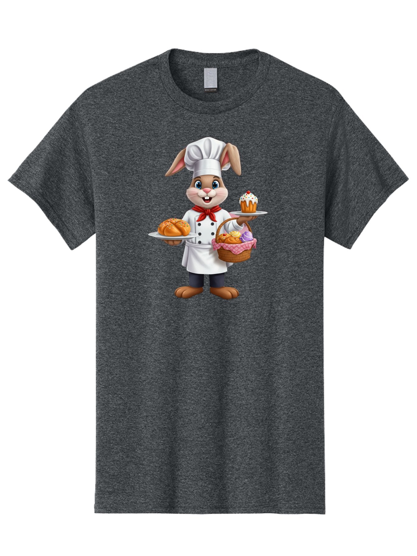 Bunny-Chef Men'S Graphic Tee, 100% Cotton, Comfortable Casual Summer Wear, Machine Washable, Cartoon Bunny Chef, Baked Goods, Cupcake, Bread, Basket Of Pastries, Chef Hat, Red Bow Tie, White Coat, Happy Expression, Easter Theme, Bakery Items Baa241 8