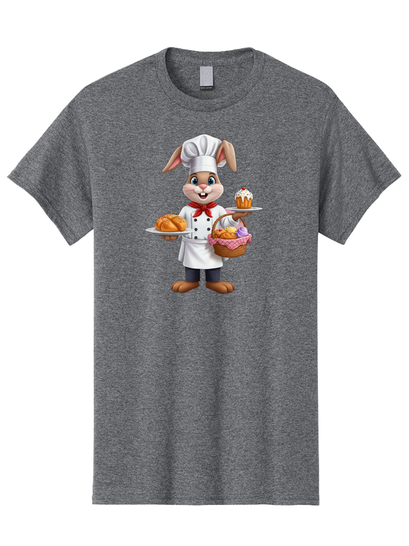 Bunny-Chef Men'S Graphic Tee, 100% Cotton, Comfortable Casual Summer Wear, Machine Washable, Cartoon Bunny Chef, Baked Goods, Cupcake, Bread, Basket Of Pastries, Chef Hat, Red Bow Tie, White Coat, Happy Expression, Easter Theme, Bakery Items Baa241