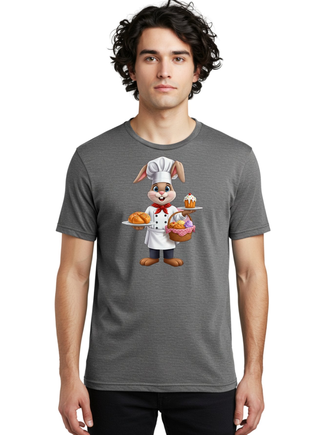Bunny-Chef Men'S Graphic Tee, 100% Cotton, Comfortable Casual Summer Wear, Machine Washable, Cartoon Bunny Chef, Baked Goods, Cupcake, Bread, Basket Of Pastries, Chef Hat, Red Bow Tie, White Coat, Happy Expression, Easter Theme, Bakery Items Baa241 19