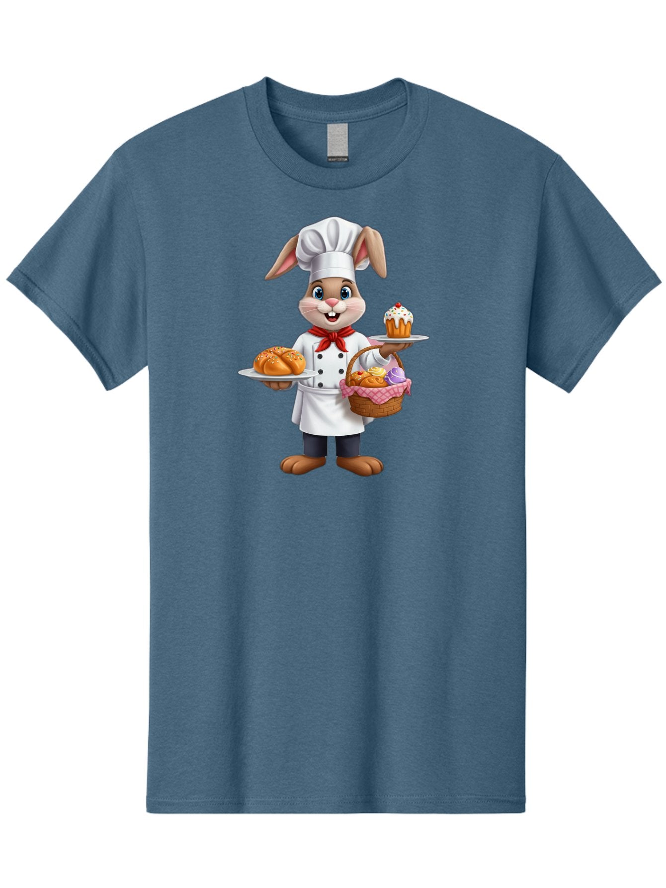 Bunny-Chef Men'S Graphic Tee, 100% Cotton, Comfortable Casual Summer Wear, Machine Washable, Cartoon Bunny Chef, Baked Goods, Cupcake, Bread, Basket Of Pastries, Chef Hat, Red Bow Tie, White Coat, Happy Expression, Easter Theme, Bakery Items Baa241 11