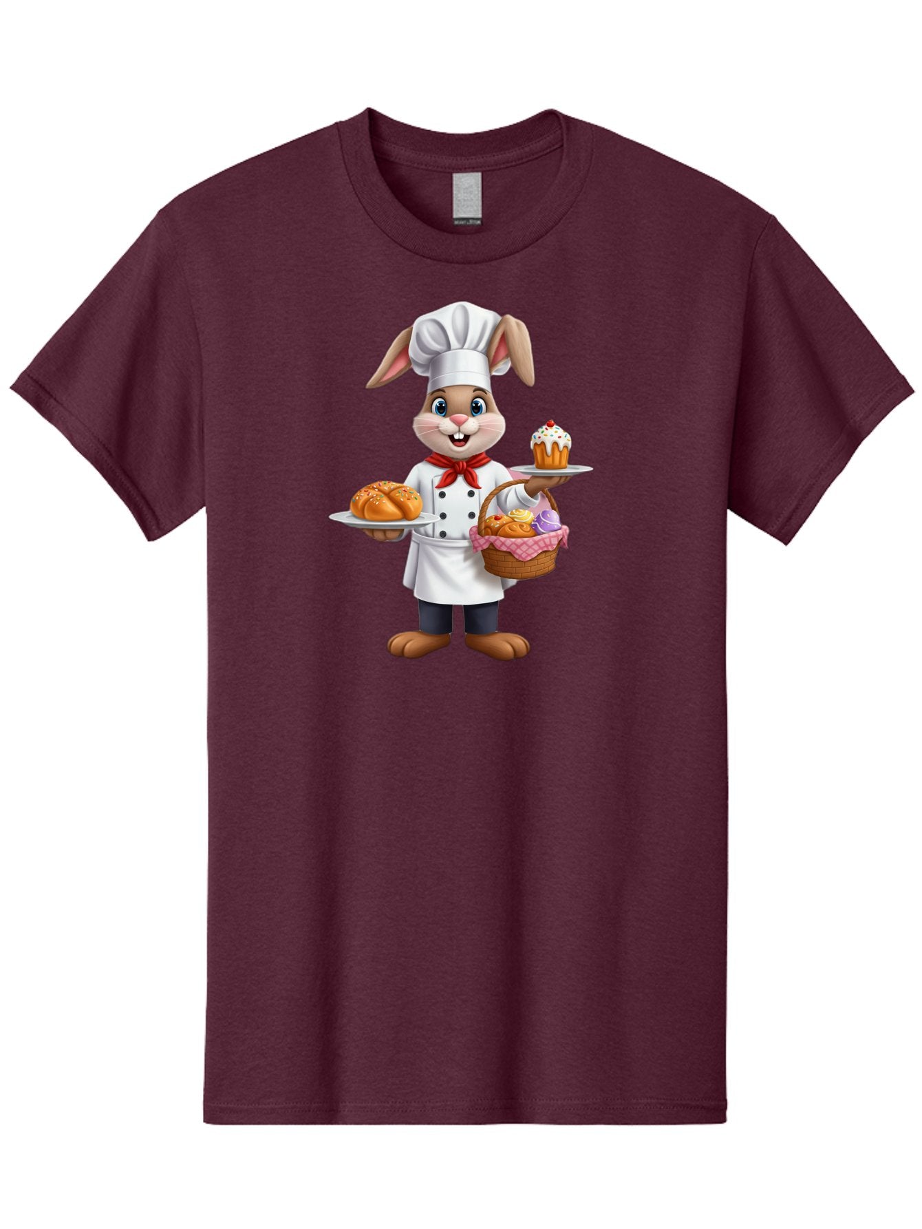 Bunny-Chef Men'S Graphic Tee, 100% Cotton, Comfortable Casual Summer Wear, Machine Washable, Cartoon Bunny Chef, Baked Goods, Cupcake, Bread, Basket Of Pastries, Chef Hat, Red Bow Tie, White Coat, Happy Expression, Easter Theme, Bakery Items Baa241 14