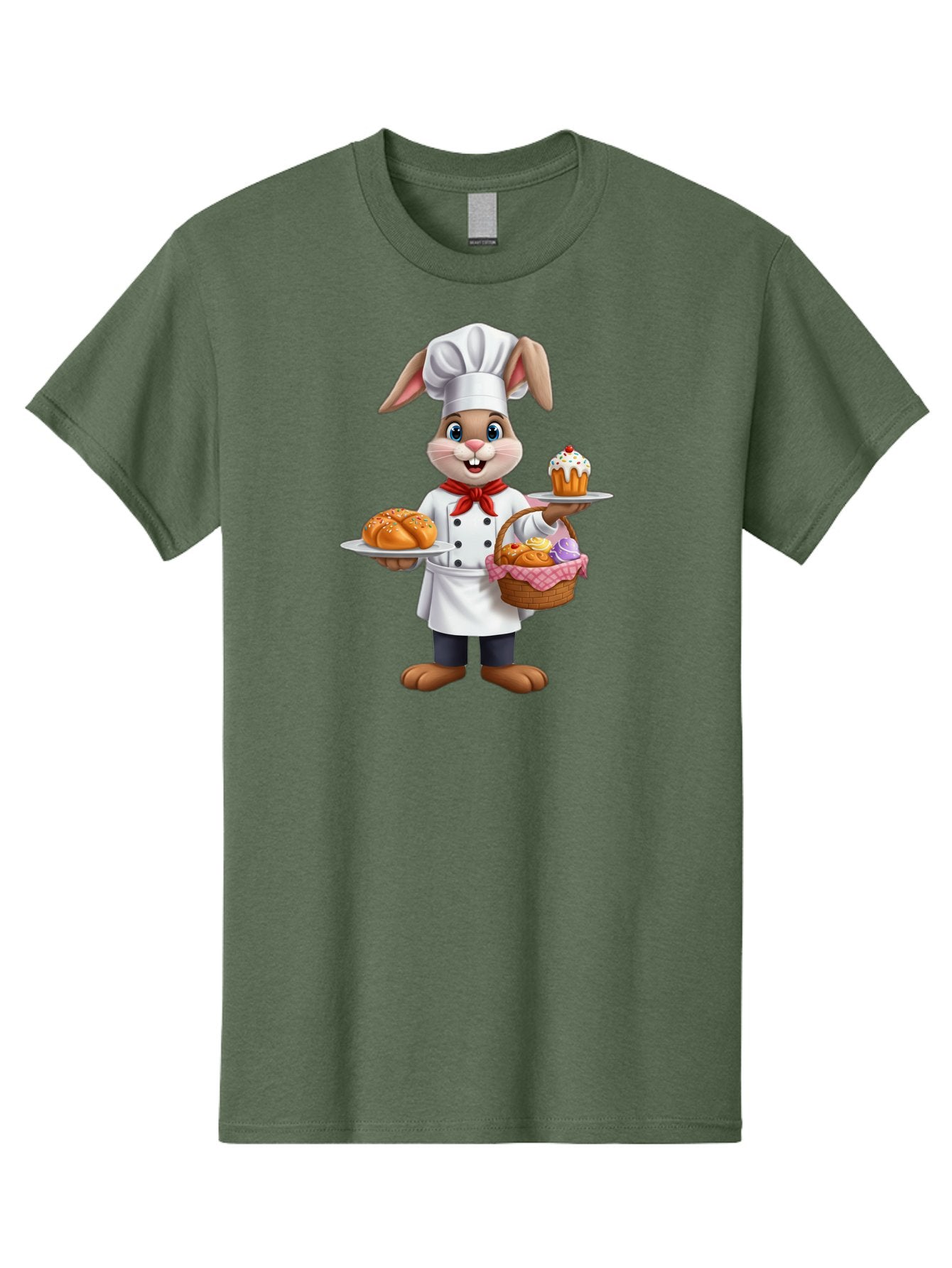 Bunny-Chef Men'S Graphic Tee, 100% Cotton, Comfortable Casual Summer Wear, Machine Washable, Cartoon Bunny Chef, Baked Goods, Cupcake, Bread, Basket Of Pastries, Chef Hat, Red Bow Tie, White Coat, Happy Expression, Easter Theme, Bakery Items Baa241 13