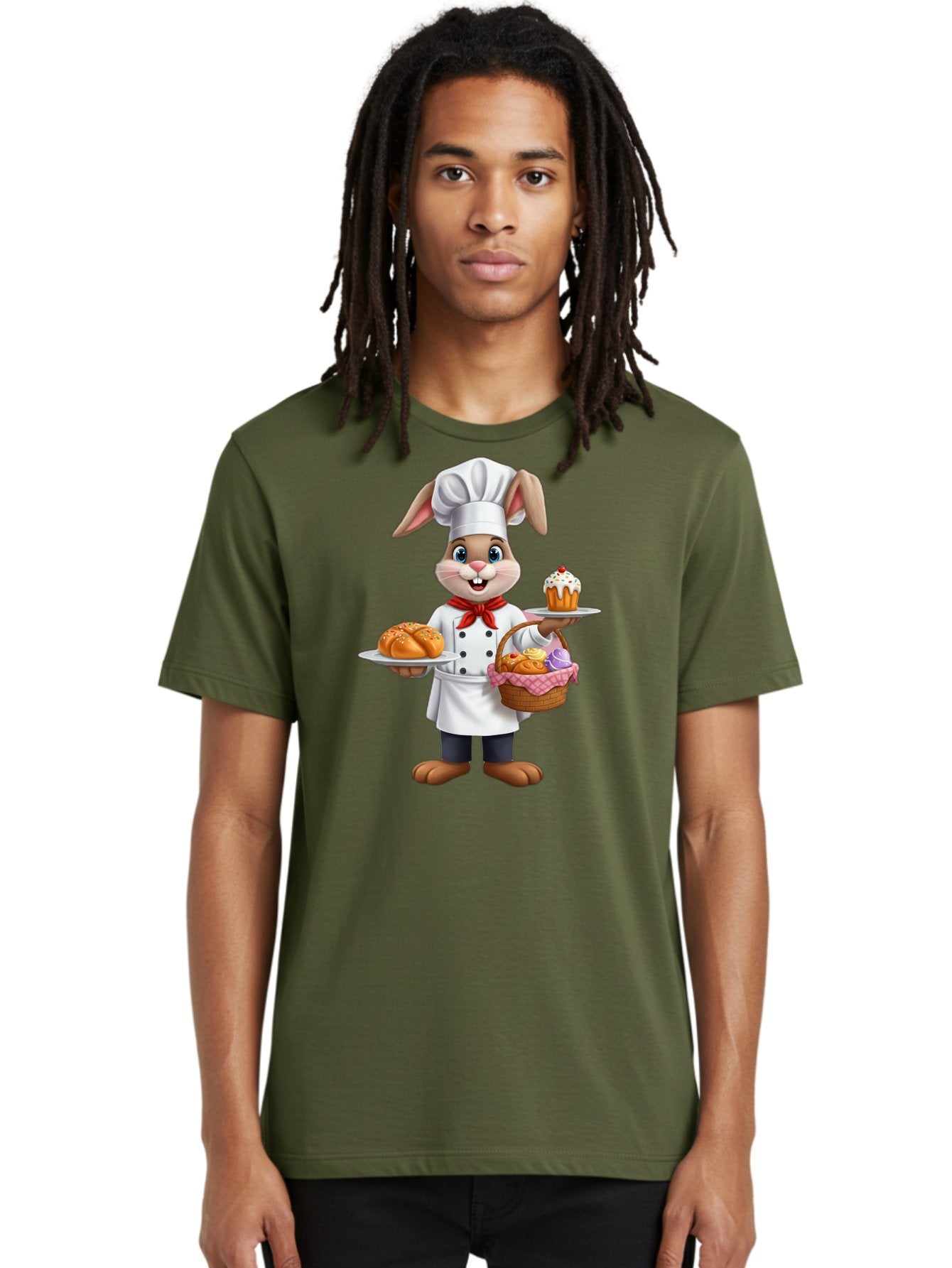 Bunny-Chef Men'S Graphic Tee, 100% Cotton, Comfortable Casual Summer Wear, Machine Washable, Cartoon Bunny Chef, Baked Goods, Cupcake, Bread, Basket Of Pastries, Chef Hat, Red Bow Tie, White Coat, Happy Expression, Easter Theme, Bakery Items Baa241 20