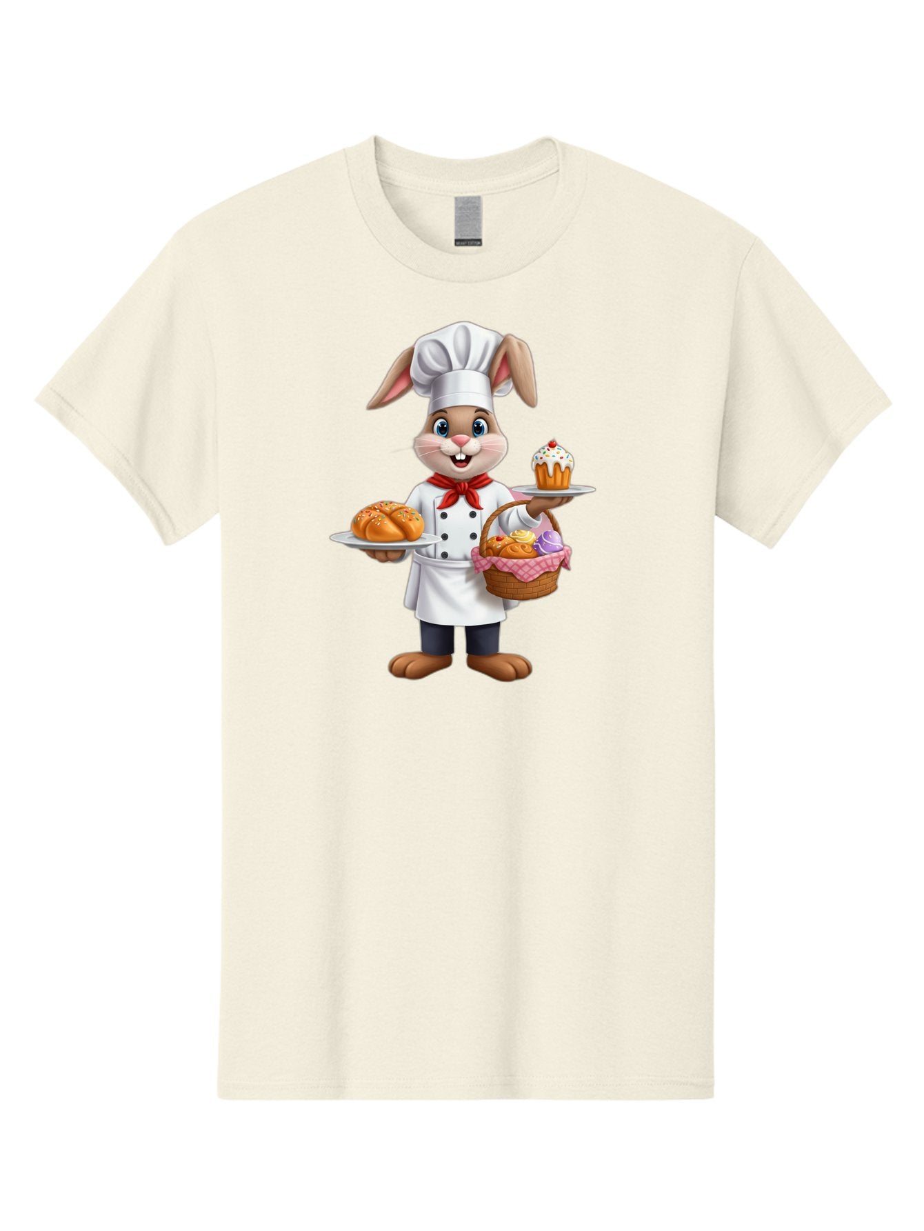 Bunny-Chef Men'S Graphic Tee, 100% Cotton, Comfortable Casual Summer Wear, Machine Washable, Cartoon Bunny Chef, Baked Goods, Cupcake, Bread, Basket Of Pastries, Chef Hat, Red Bow Tie, White Coat, Happy Expression, Easter Theme, Bakery Items Baa241 4