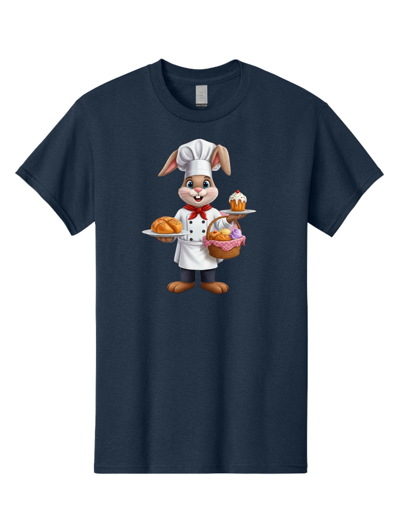 Bunny-Chef Men'S Graphic Tee, 100% Cotton, Comfortable Casual Summer Wear, Machine Washable, Cartoon Bunny Chef, Baked Goods, Cupcake, Bread, Basket Of Pastries, Chef Hat, Red Bow Tie, White Coat, Happy Expression, Easter Theme, Bakery Items Baa241 7