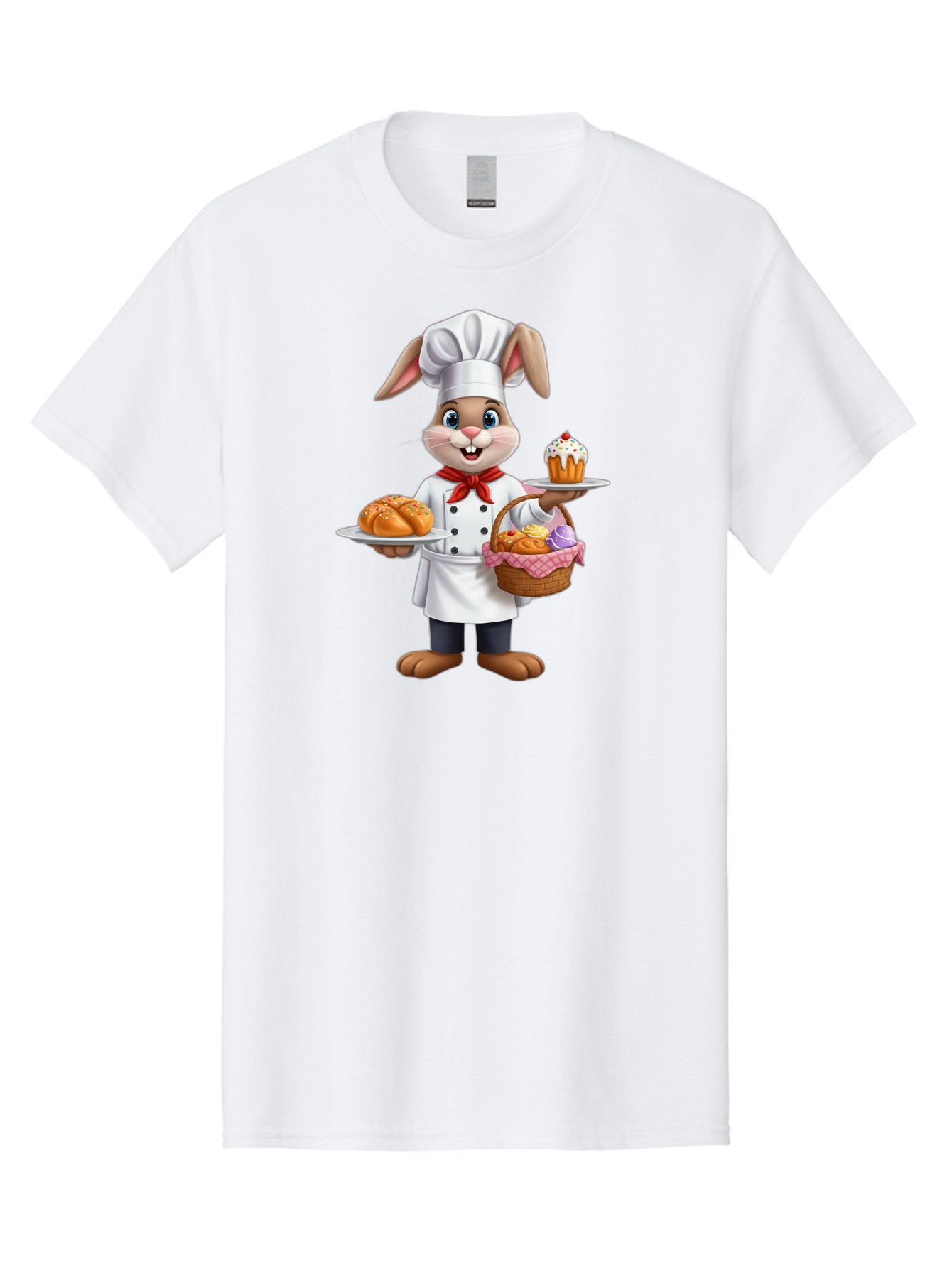 Bunny-Chef Men'S Graphic Tee, 100% Cotton, Comfortable Casual Summer Wear, Machine Washable, Cartoon Bunny Chef, Baked Goods, Cupcake, Bread, Basket Of Pastries, Chef Hat, Red Bow Tie, White Coat, Happy Expression, Easter Theme, Bakery Items Baa241 3
