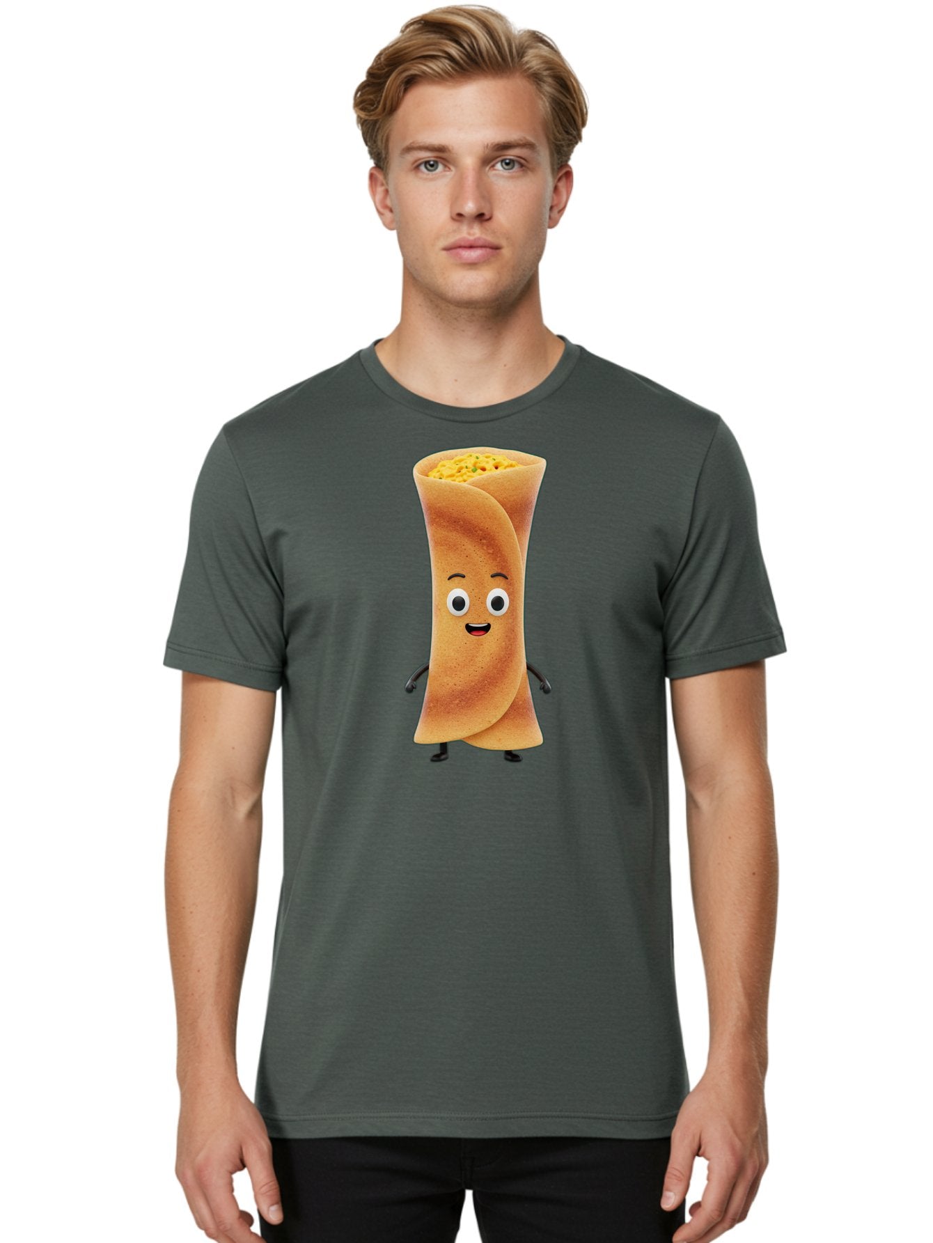 Burrito-Character Men'S Graphic Tee, 100% Cotton, Comfortable Casual Summer Wear, Machine Washable, Cartoon Burrito, Smiling Face, Eyes, Eyebrows, Mouth, Stuffed With Yellow Filling, Mexican Food, Animated Character, Funny, Playful, Foodie, Baa243 17