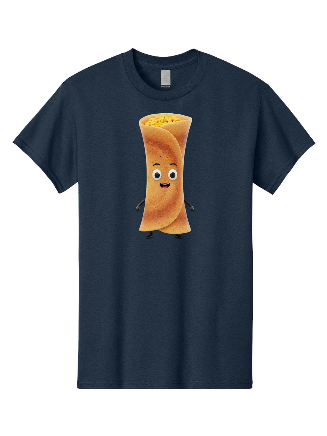 Burrito-Character Men'S Graphic Tee, 100% Cotton, Comfortable Casual Summer Wear, Machine Washable, Cartoon Burrito, Smiling Face, Eyes, Eyebrows, Mouth, Stuffed With Yellow Filling, Mexican Food, Animated Character, Funny, Playful, Foodie, Baa243