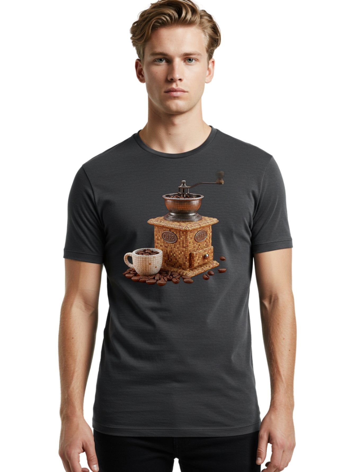 Cafe-Coffee-Grinder-1 Men'S Graphic Tee, 100% Cotton, Comfortable Casual Summer Wear, Machine Washable, Vintage Coffee Grinder, Coffee Beans, Cafe, Manual Grinder, Retro Kitchen, Coffee Lover, Morning Coffee, Coffee Cup, Coffee Time, Baa245 25