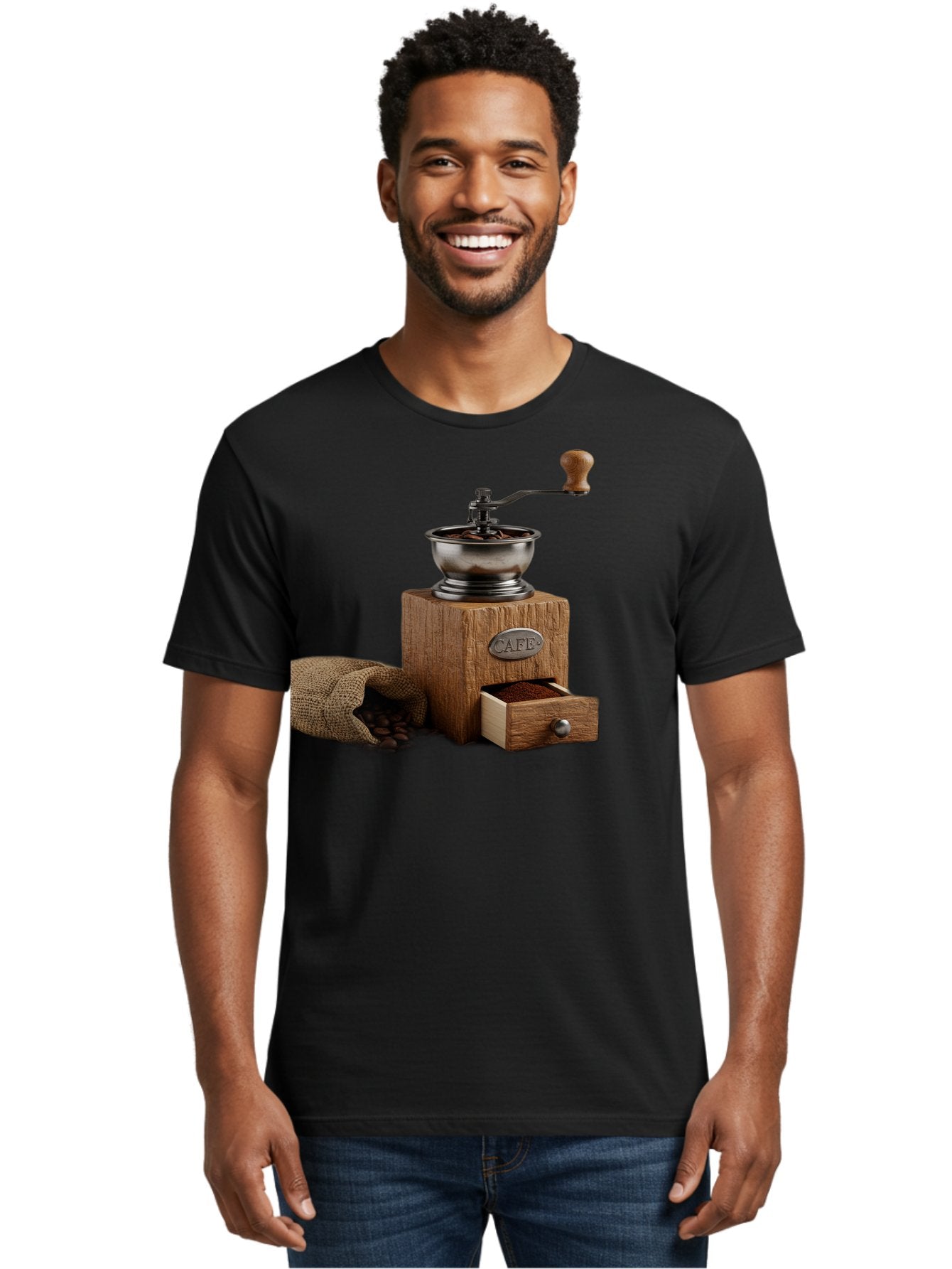 Cafe-Coffee-Grinder Men'S Graphic Tee, 100% Cotton, Comfortable Casual Summer Wear, Machine Washable, Coffee Grinder, Manual Grinder, Wooden Grinder, Cafe Label, Coffee Beans, Burlap Sack, Ground Coffee, Vintage Coffee, Coffee Roasting, Baa246 17
