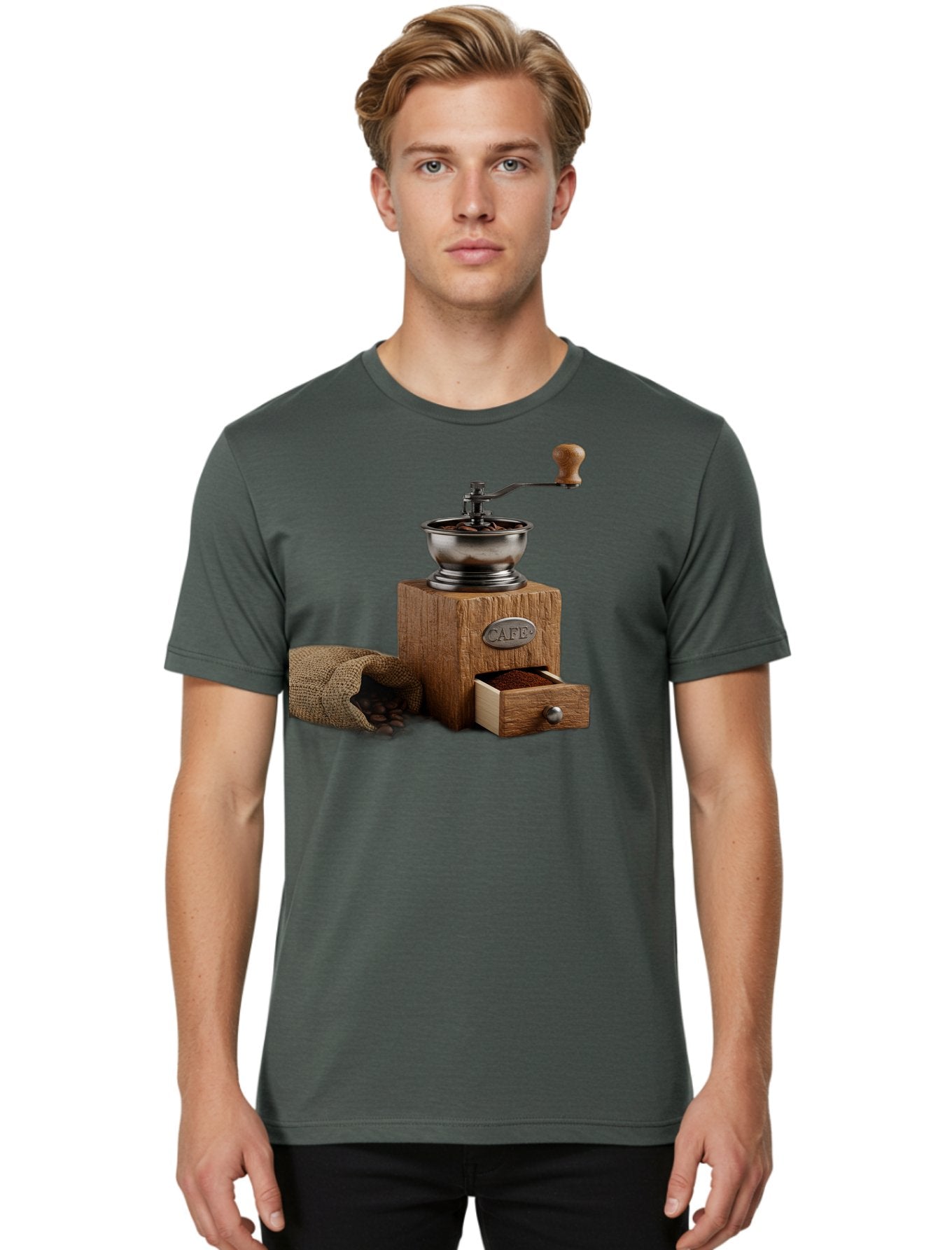 Cafe-Coffee-Grinder Men'S Graphic Tee, 100% Cotton, Comfortable Casual Summer Wear, Machine Washable, Coffee Grinder, Manual Grinder, Wooden Grinder, Cafe Label, Coffee Beans, Burlap Sack, Ground Coffee, Vintage Coffee, Coffee Roasting, Baa246 18