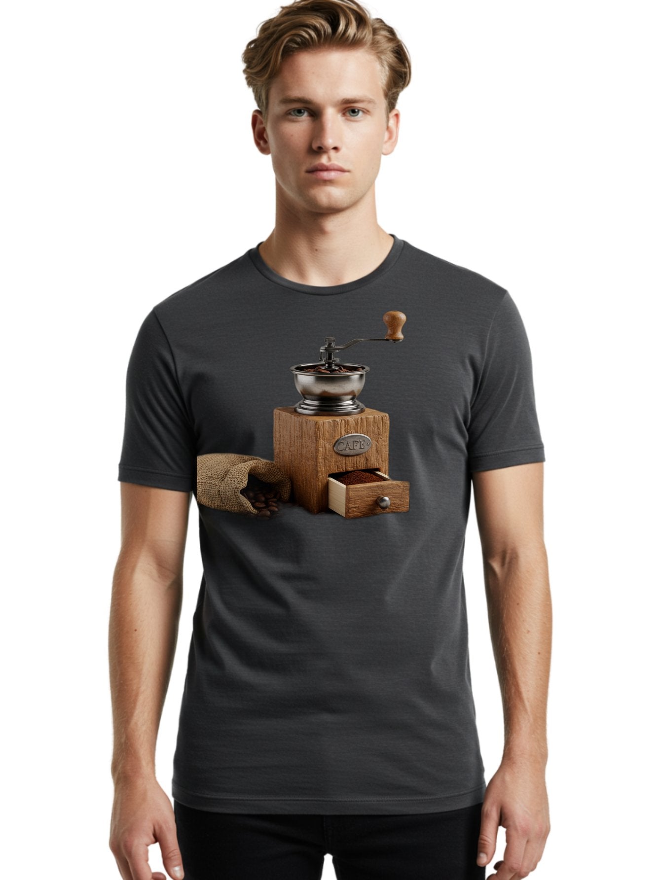 Cafe-Coffee-Grinder Men'S Graphic Tee, 100% Cotton, Comfortable Casual Summer Wear, Machine Washable, Coffee Grinder, Manual Grinder, Wooden Grinder, Cafe Label, Coffee Beans, Burlap Sack, Ground Coffee, Vintage Coffee, Coffee Roasting, Baa246 28