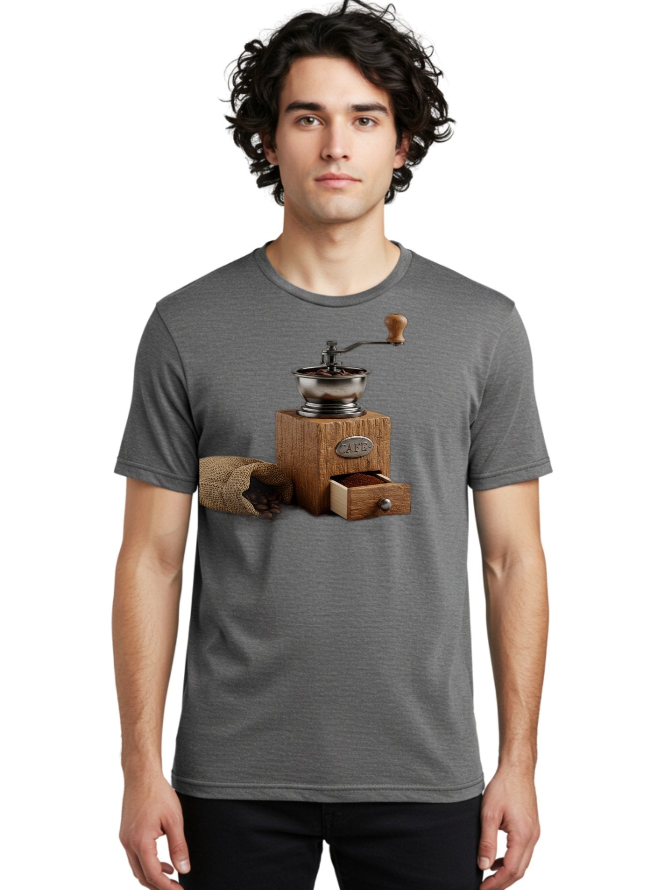 Cafe-Coffee-Grinder Men'S Graphic Tee, 100% Cotton, Comfortable Casual Summer Wear, Machine Washable, Coffee Grinder, Manual Grinder, Wooden Grinder, Cafe Label, Coffee Beans, Burlap Sack, Ground Coffee, Vintage Coffee, Coffee Roasting, Baa246 22