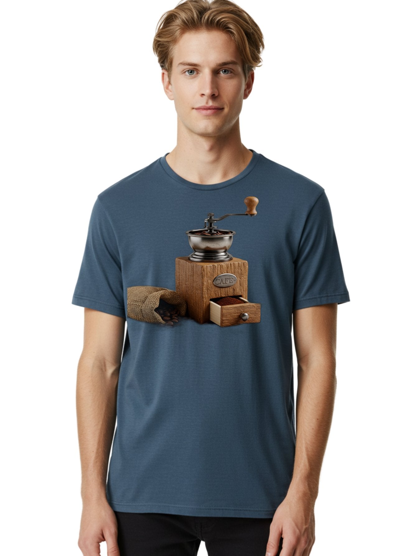 Cafe-Coffee-Grinder Men'S Graphic Tee, 100% Cotton, Comfortable Casual Summer Wear, Machine Washable, Coffee Grinder, Manual Grinder, Wooden Grinder, Cafe Label, Coffee Beans, Burlap Sack, Ground Coffee, Vintage Coffee, Coffee Roasting, Baa246 16