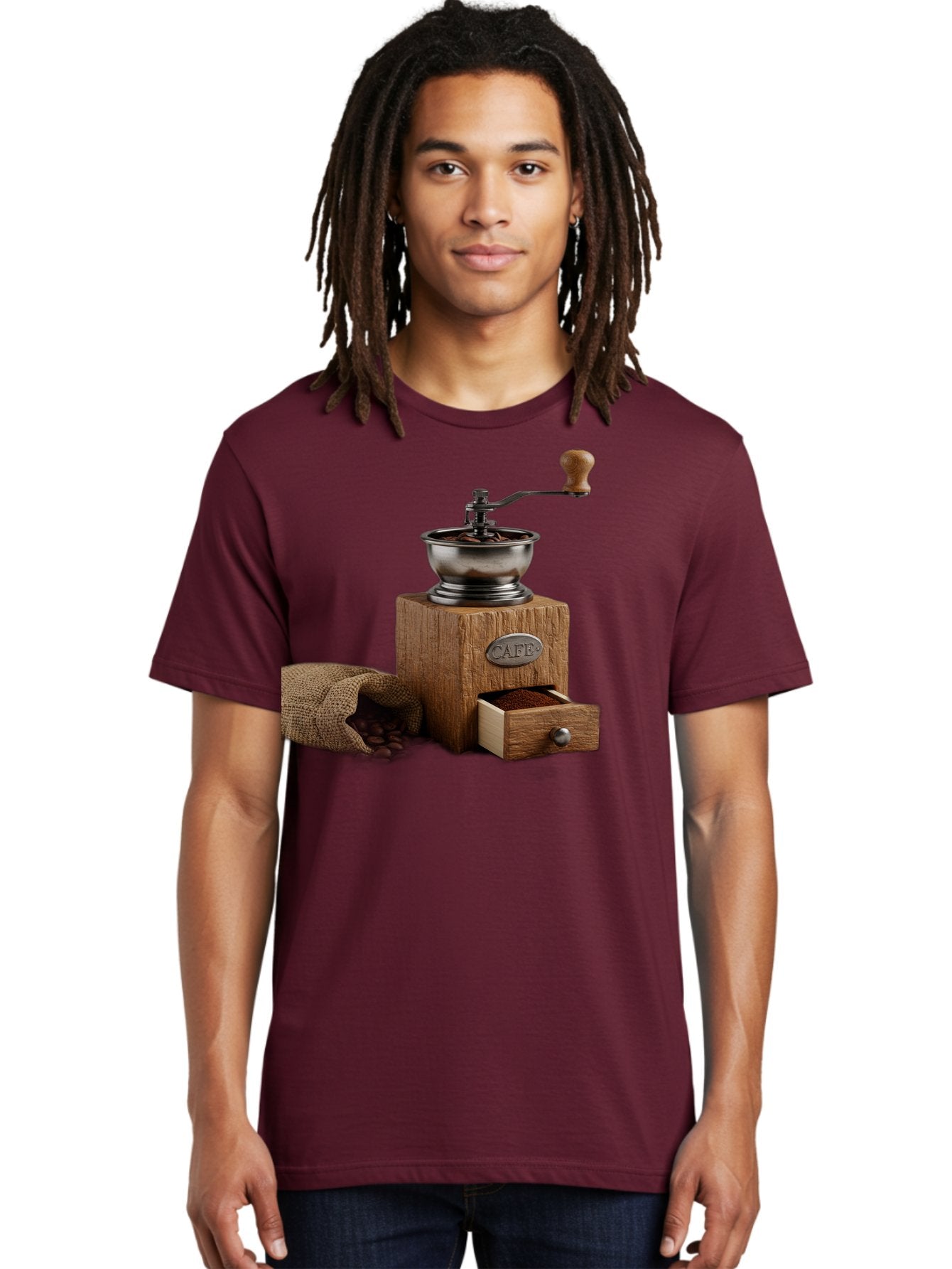 Cafe-Coffee-Grinder Men'S Graphic Tee, 100% Cotton, Comfortable Casual Summer Wear, Machine Washable, Coffee Grinder, Manual Grinder, Wooden Grinder, Cafe Label, Coffee Beans, Burlap Sack, Ground Coffee, Vintage Coffee, Coffee Roasting, Baa246 20
