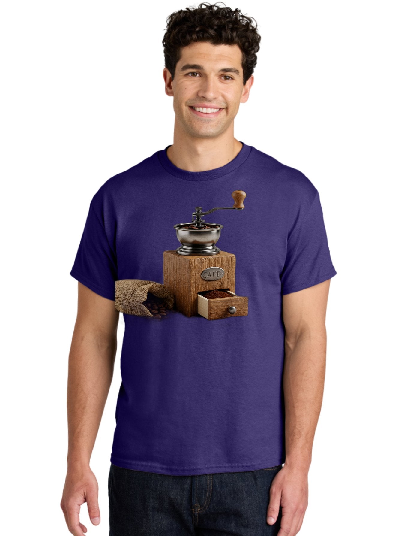 Cafe-Coffee-Grinder Men'S Graphic Tee, 100% Cotton, Comfortable Casual Summer Wear, Machine Washable, Coffee Grinder, Manual Grinder, Wooden Grinder, Cafe Label, Coffee Beans, Burlap Sack, Ground Coffee, Vintage Coffee, Coffee Roasting, Baa246 23