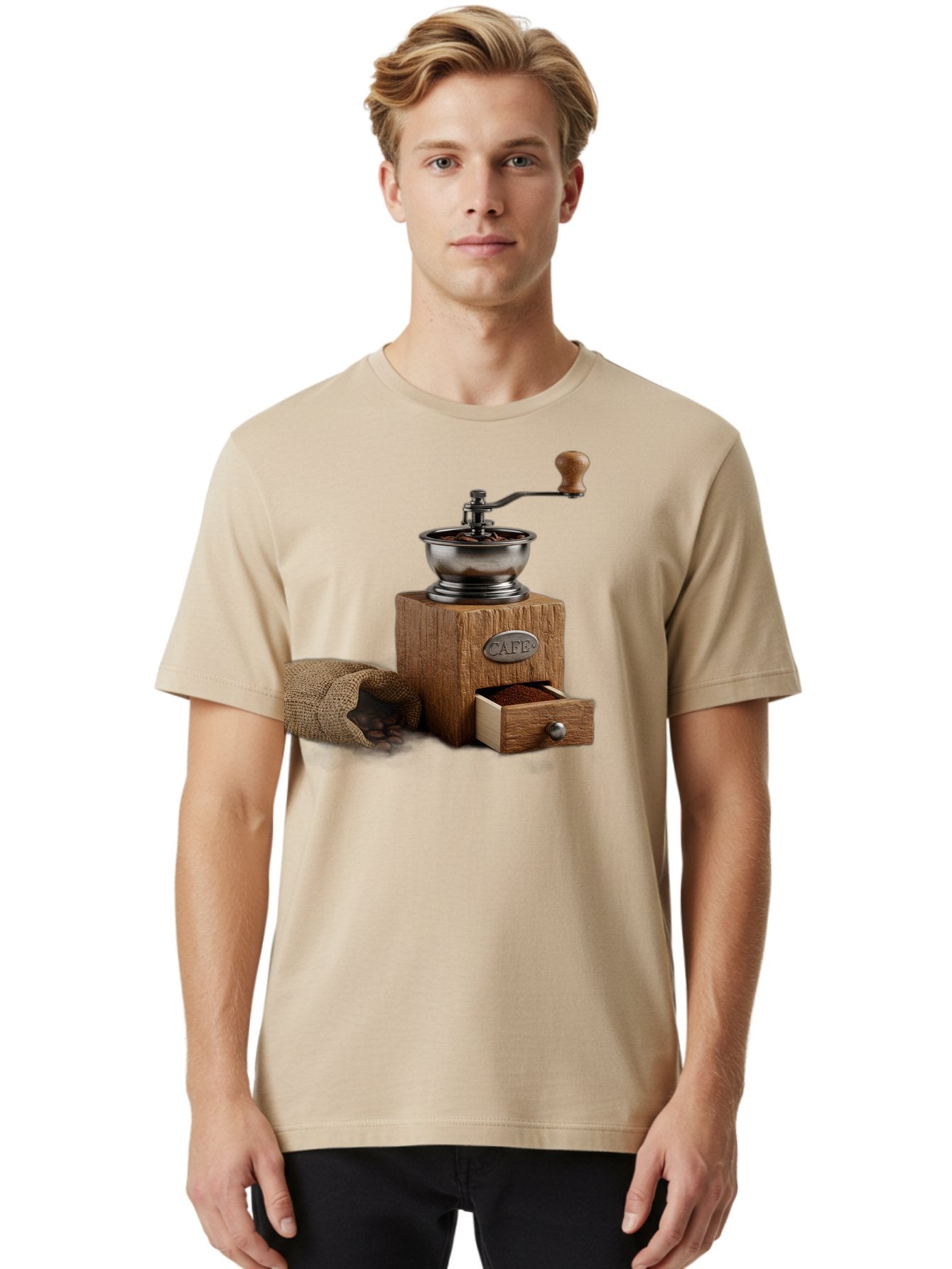 Cafe-Coffee-Grinder Men'S Graphic Tee, 100% Cotton, Comfortable Casual Summer Wear, Machine Washable, Coffee Grinder, Manual Grinder, Wooden Grinder, Cafe Label, Coffee Beans, Burlap Sack, Ground Coffee, Vintage Coffee, Coffee Roasting, Baa246 24
