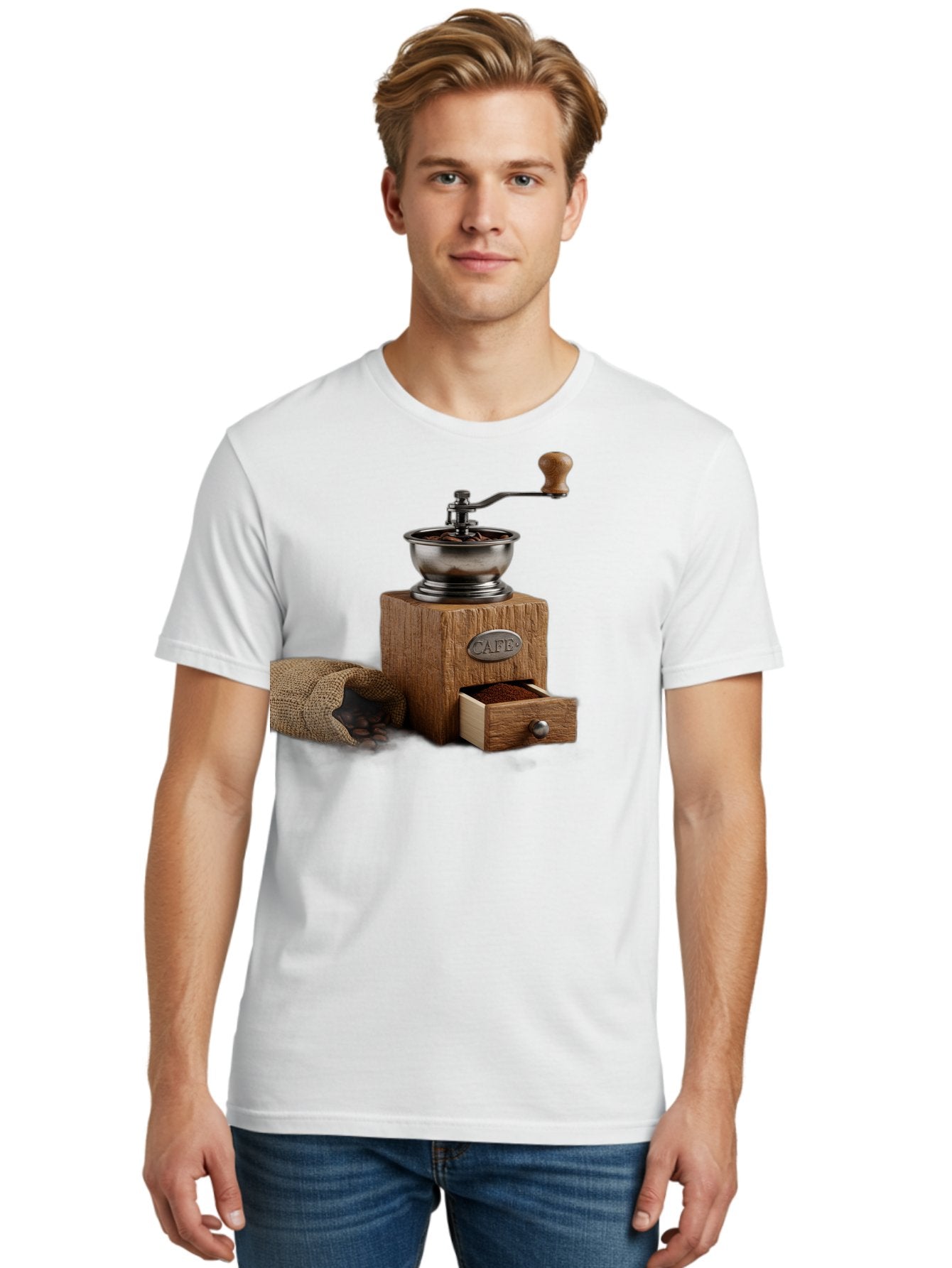 Cafe-Coffee-Grinder Men'S Graphic Tee, 100% Cotton, Comfortable Casual Summer Wear, Machine Washable, Coffee Grinder, Manual Grinder, Wooden Grinder, Cafe Label, Coffee Beans, Burlap Sack, Ground Coffee, Vintage Coffee, Coffee Roasting, Baa246 27