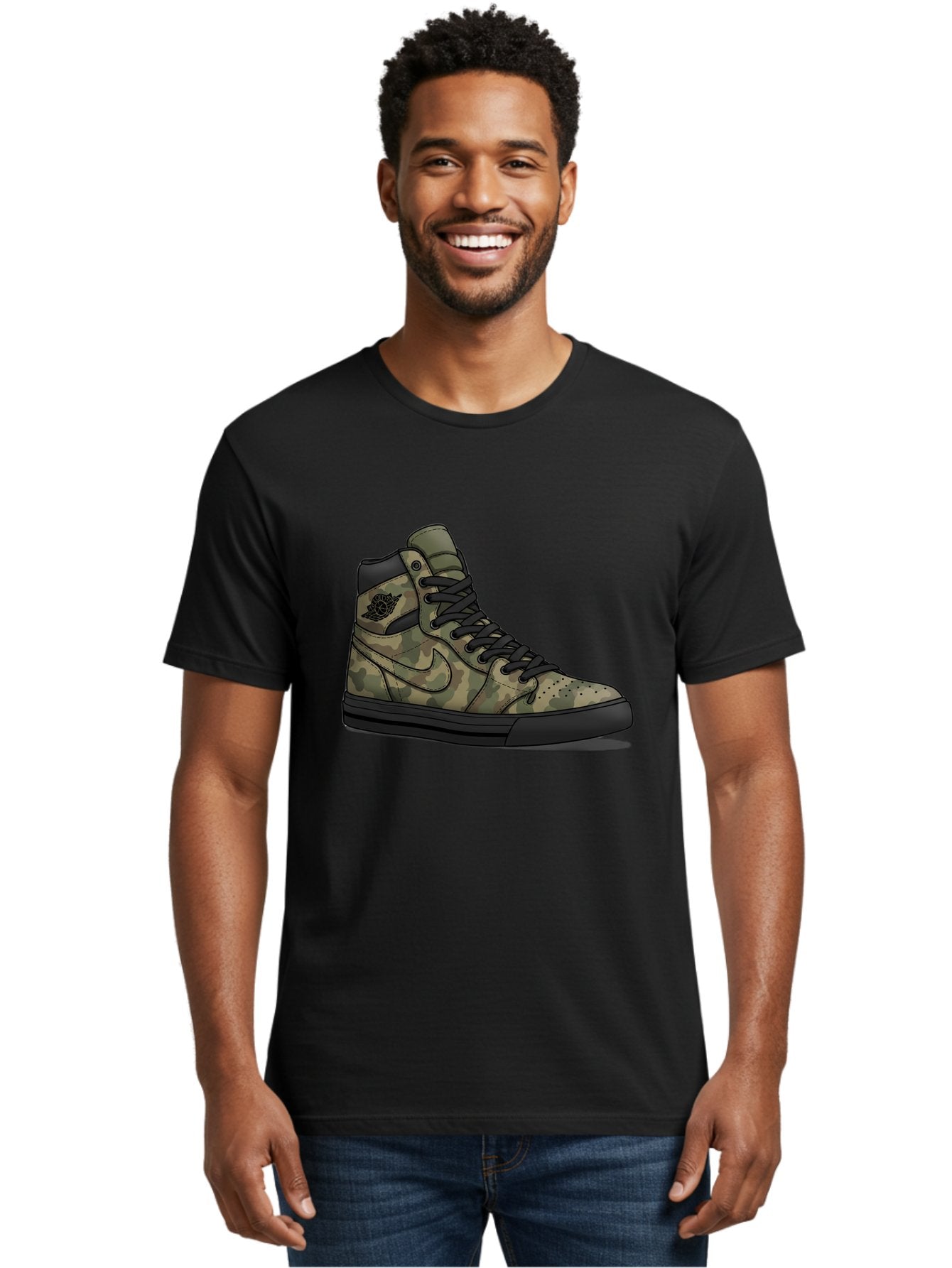 Camo-Jordan-1 Men'S Graphic Tee, 100% Cotton, Comfortable Casual Summer Wear, Machine Washable, Camouflage Nike Shoe, High-Top Sneakers, Black Laces, Nike Swoosh Logo, Streetwear Fashion, Athletic Footwear, Camouflage Pattern, Black Sole Baa247 21