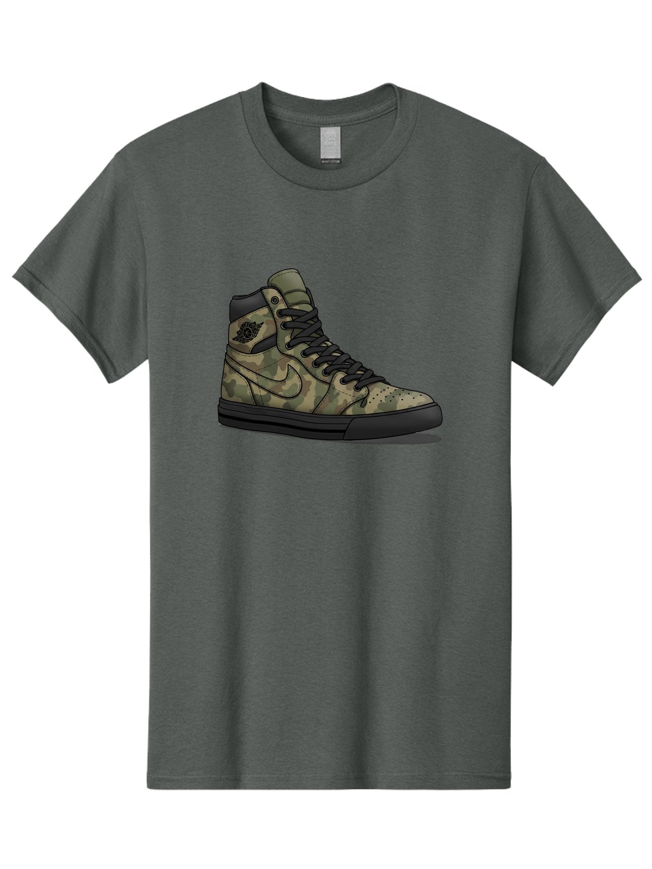 Camo-Jordan-1 Men'S Graphic Tee, 100% Cotton, Comfortable Casual Summer Wear, Machine Washable, Camouflage Nike Shoe, High-Top Sneakers, Black Laces, Nike Swoosh Logo, Streetwear Fashion, Athletic Footwear, Camouflage Pattern, Black Sole Baa247 11
