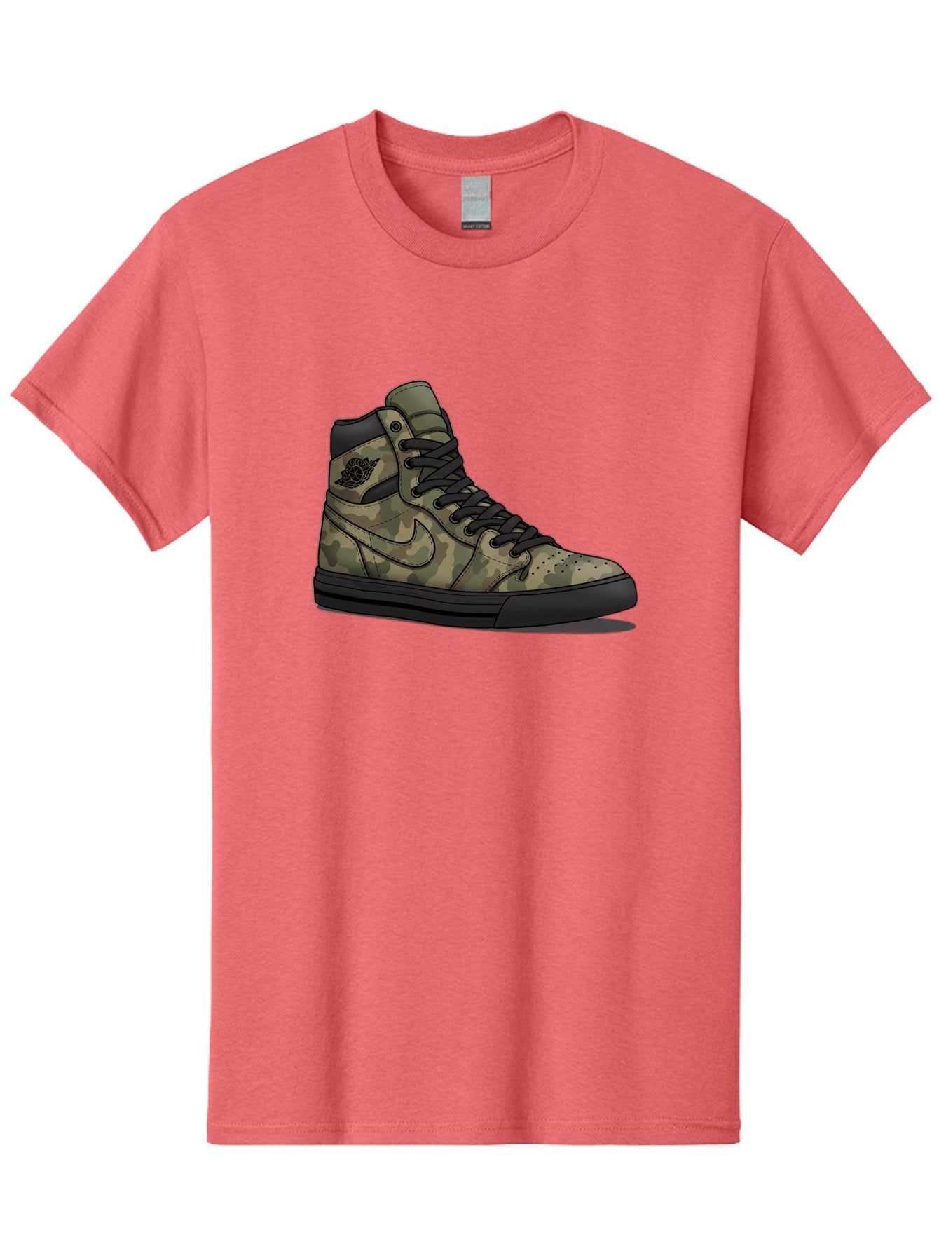 Camo-Jordan-1 Men'S Graphic Tee, 100% Cotton, Comfortable Casual Summer Wear, Machine Washable, Camouflage Nike Shoe, High-Top Sneakers, Black Laces, Nike Swoosh Logo, Streetwear Fashion, Athletic Footwear, Camouflage Pattern, Black Sole Baa247