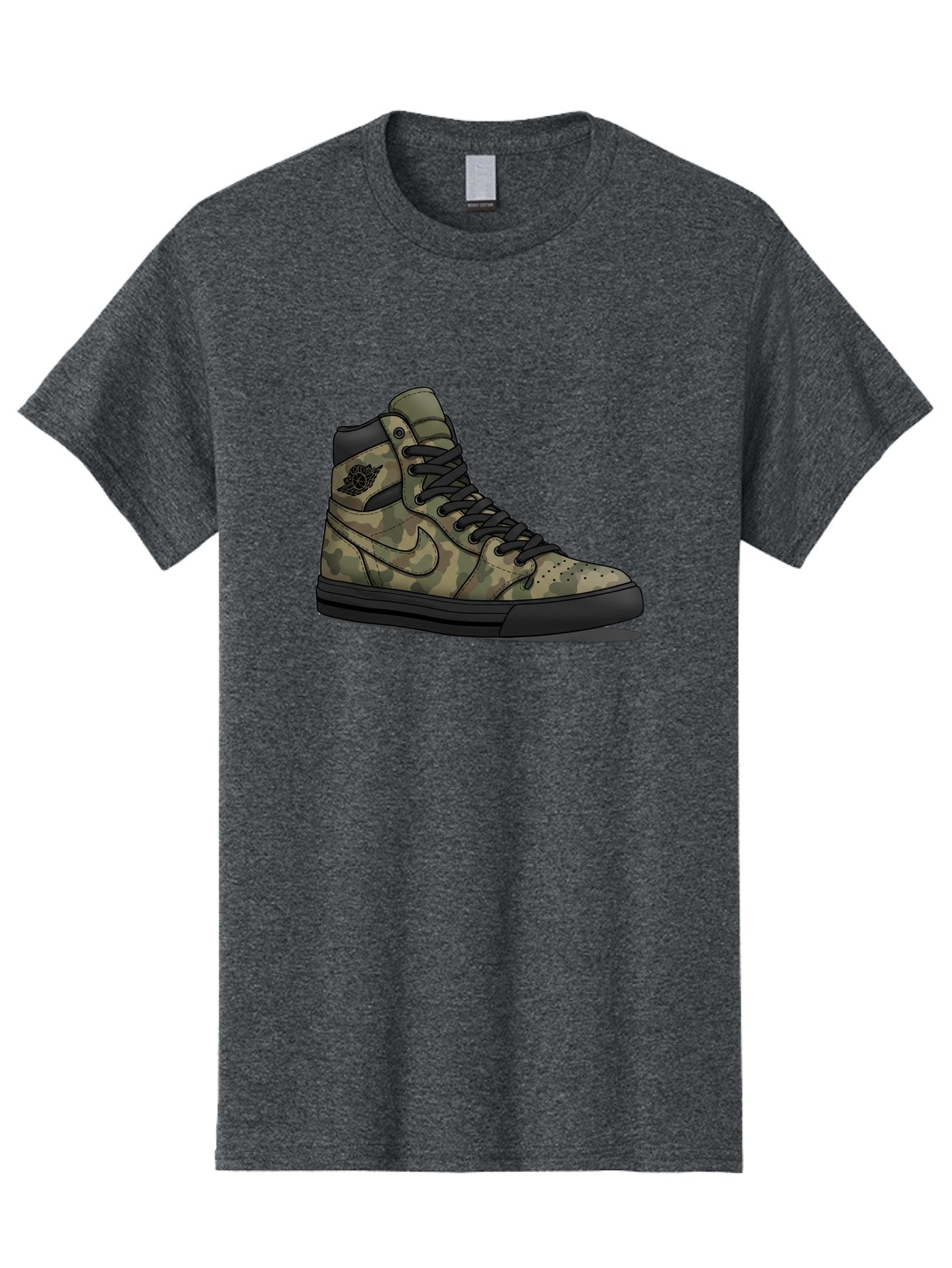 Camo-Jordan-1 Men'S Graphic Tee, 100% Cotton, Comfortable Casual Summer Wear, Machine Washable, Camouflage Nike Shoe, High-Top Sneakers, Black Laces, Nike Swoosh Logo, Streetwear Fashion, Athletic Footwear, Camouflage Pattern, Black Sole Baa247 4