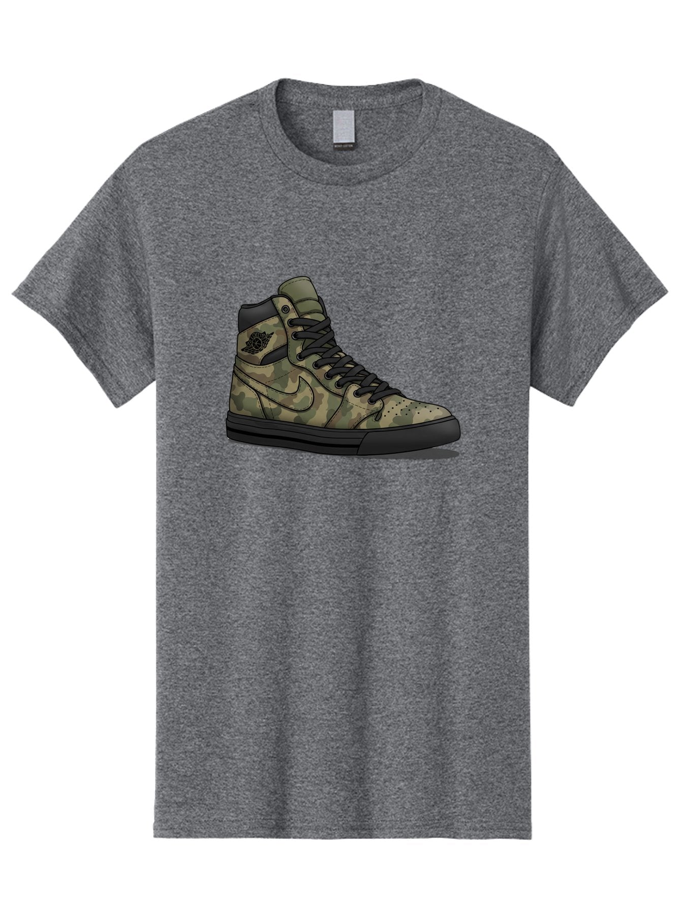 Camo-Jordan-1 Men'S Graphic Tee, 100% Cotton, Comfortable Casual Summer Wear, Machine Washable, Camouflage Nike Shoe, High-Top Sneakers, Black Laces, Nike Swoosh Logo, Streetwear Fashion, Athletic Footwear, Camouflage Pattern, Black Sole Baa247 12