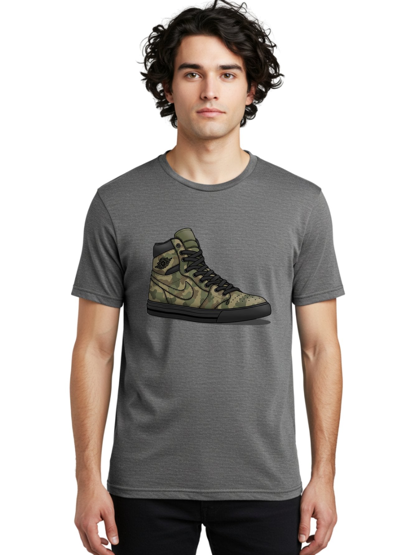 Camo-Jordan-1 Men'S Graphic Tee, 100% Cotton, Comfortable Casual Summer Wear, Machine Washable, Camouflage Nike Shoe, High-Top Sneakers, Black Laces, Nike Swoosh Logo, Streetwear Fashion, Athletic Footwear, Camouflage Pattern, Black Sole Baa247 19