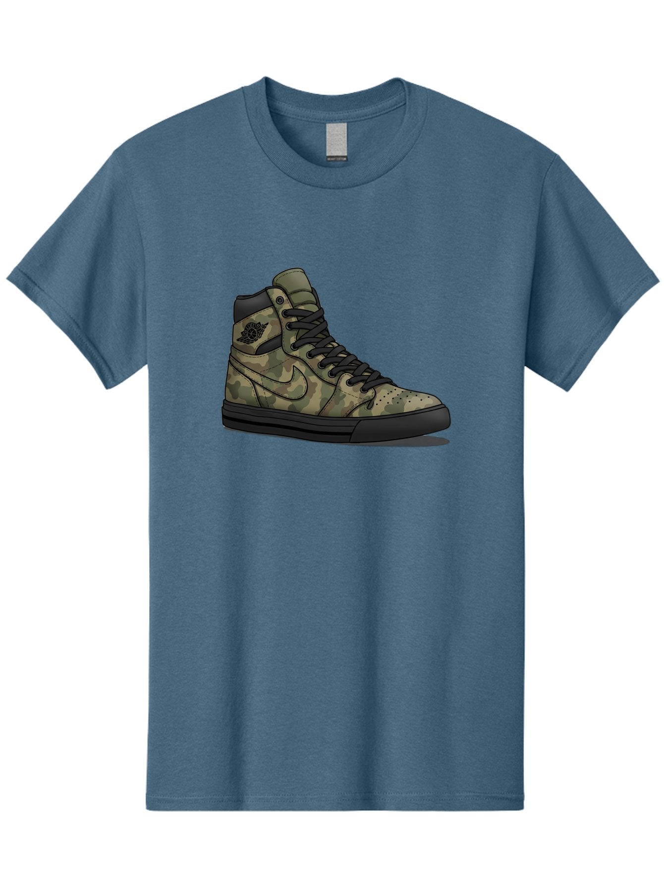 Camo-Jordan-1 Men'S Graphic Tee, 100% Cotton, Comfortable Casual Summer Wear, Machine Washable, Camouflage Nike Shoe, High-Top Sneakers, Black Laces, Nike Swoosh Logo, Streetwear Fashion, Athletic Footwear, Camouflage Pattern, Black Sole Baa247 8