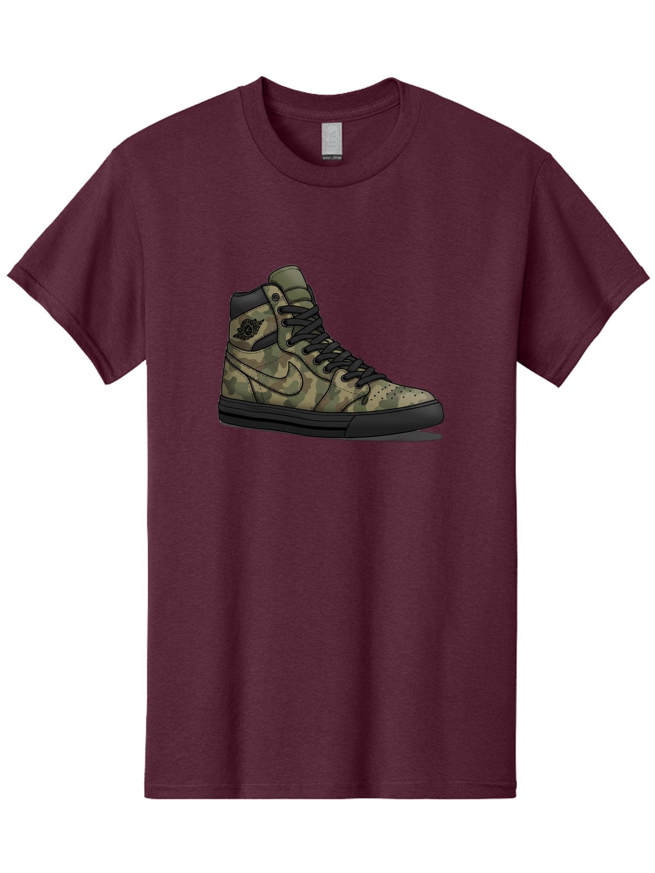 Camo-Jordan-1 Men'S Graphic Tee, 100% Cotton, Comfortable Casual Summer Wear, Machine Washable, Camouflage Nike Shoe, High-Top Sneakers, Black Laces, Nike Swoosh Logo, Streetwear Fashion, Athletic Footwear, Camouflage Pattern, Black Sole Baa247