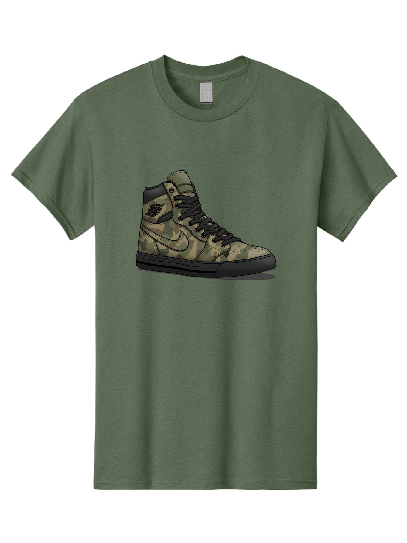 Camo-Jordan-1 Men'S Graphic Tee, 100% Cotton, Comfortable Casual Summer Wear, Machine Washable, Camouflage Nike Shoe, High-Top Sneakers, Black Laces, Nike Swoosh Logo, Streetwear Fashion, Athletic Footwear, Camouflage Pattern, Black Sole Baa247 6