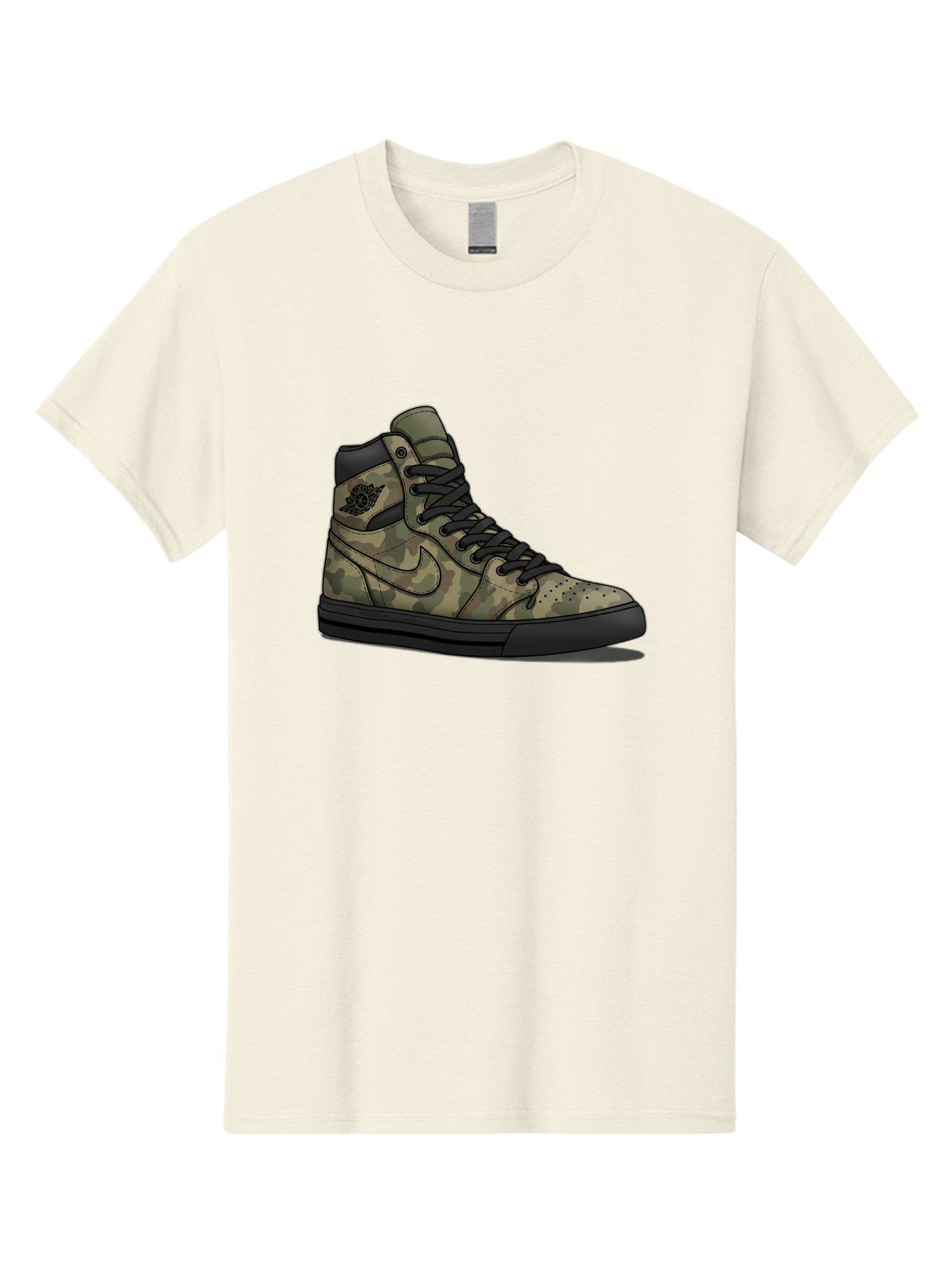 Camo-Jordan-1 Men'S Graphic Tee, 100% Cotton, Comfortable Casual Summer Wear, Machine Washable, Camouflage Nike Shoe, High-Top Sneakers, Black Laces, Nike Swoosh Logo, Streetwear Fashion, Athletic Footwear, Camouflage Pattern, Black Sole Baa247 3