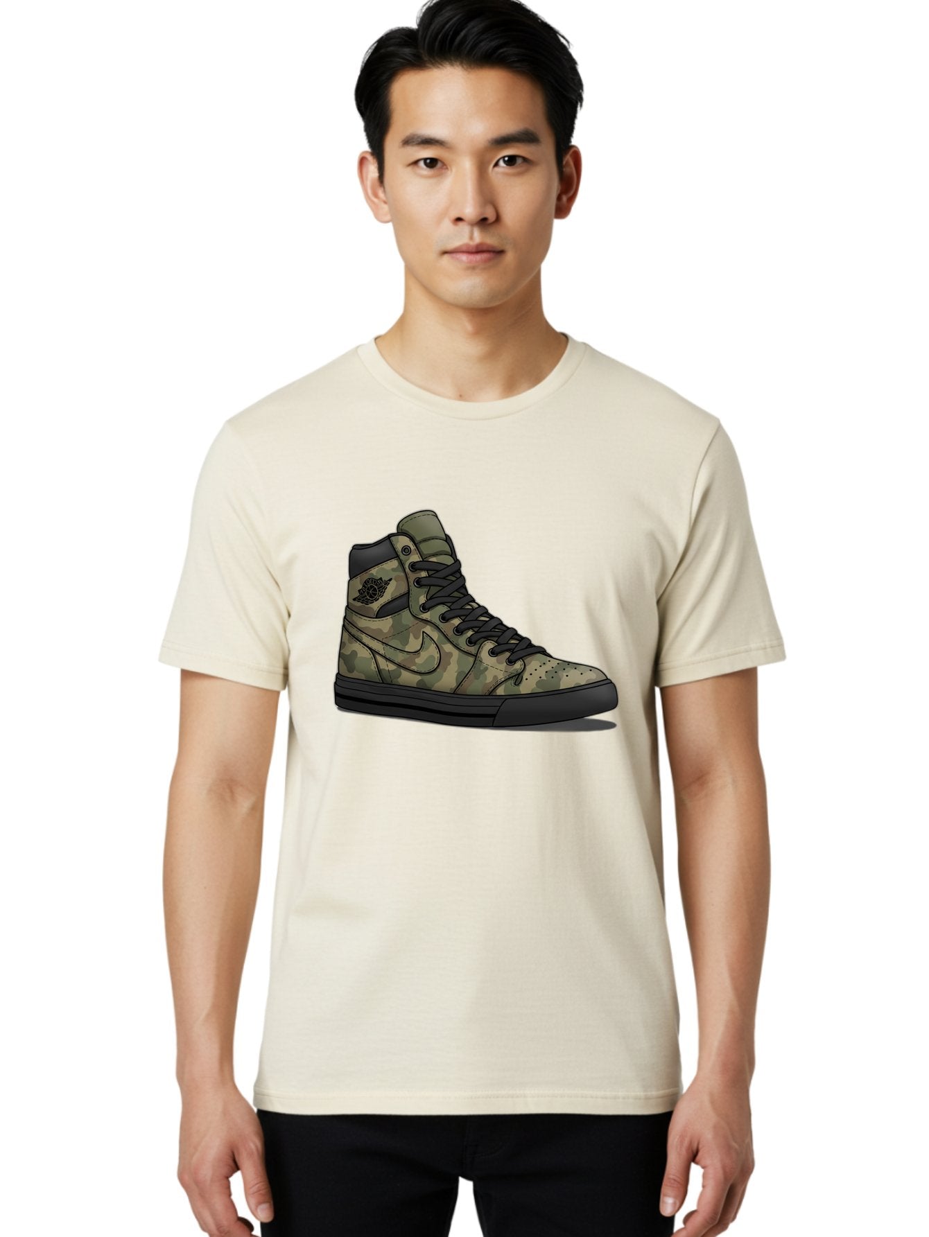 Camo-Jordan-1 Men'S Graphic Tee, 100% Cotton, Comfortable Casual Summer Wear, Machine Washable, Camouflage Nike Shoe, High-Top Sneakers, Black Laces, Nike Swoosh Logo, Streetwear Fashion, Athletic Footwear, Camouflage Pattern, Black Sole Baa247 17