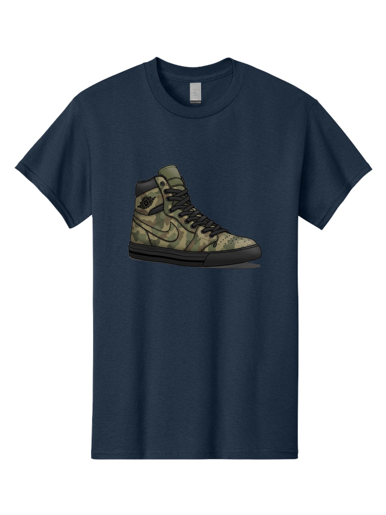 Camo-Jordan-1 Men'S Graphic Tee, 100% Cotton, Comfortable Casual Summer Wear, Machine Washable, Camouflage Nike Shoe, High-Top Sneakers, Black Laces, Nike Swoosh Logo, Streetwear Fashion, Athletic Footwear, Camouflage Pattern, Black Sole Baa247 9
