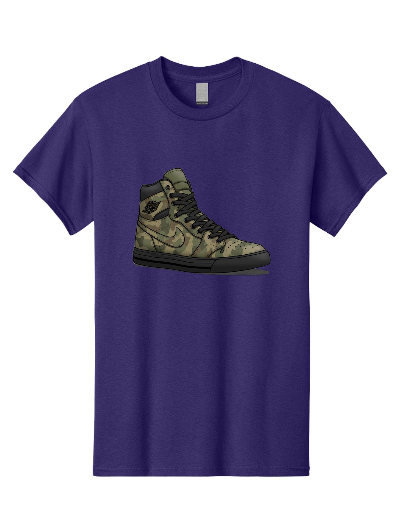 Camo-Jordan-1 Men'S Graphic Tee, 100% Cotton, Comfortable Casual Summer Wear, Machine Washable, Camouflage Nike Shoe, High-Top Sneakers, Black Laces, Nike Swoosh Logo, Streetwear Fashion, Athletic Footwear, Camouflage Pattern, Black Sole Baa247 14