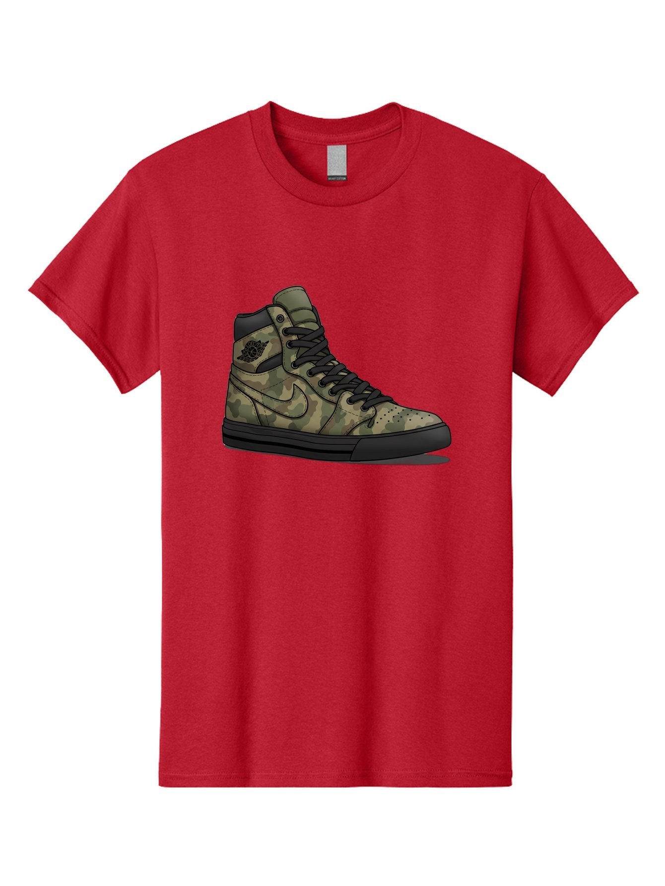 Camo-Jordan-1 Men'S Graphic Tee, 100% Cotton, Comfortable Casual Summer Wear, Machine Washable, Camouflage Nike Shoe, High-Top Sneakers, Black Laces, Nike Swoosh Logo, Streetwear Fashion, Athletic Footwear, Camouflage Pattern, Black Sole Baa247 5