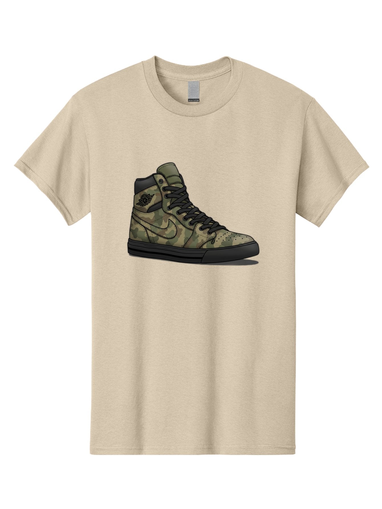 Camo-Jordan-1 Men'S Graphic Tee, 100% Cotton, Comfortable Casual Summer Wear, Machine Washable, Camouflage Nike Shoe, High-Top Sneakers, Black Laces, Nike Swoosh Logo, Streetwear Fashion, Athletic Footwear, Camouflage Pattern, Black Sole Baa247 10