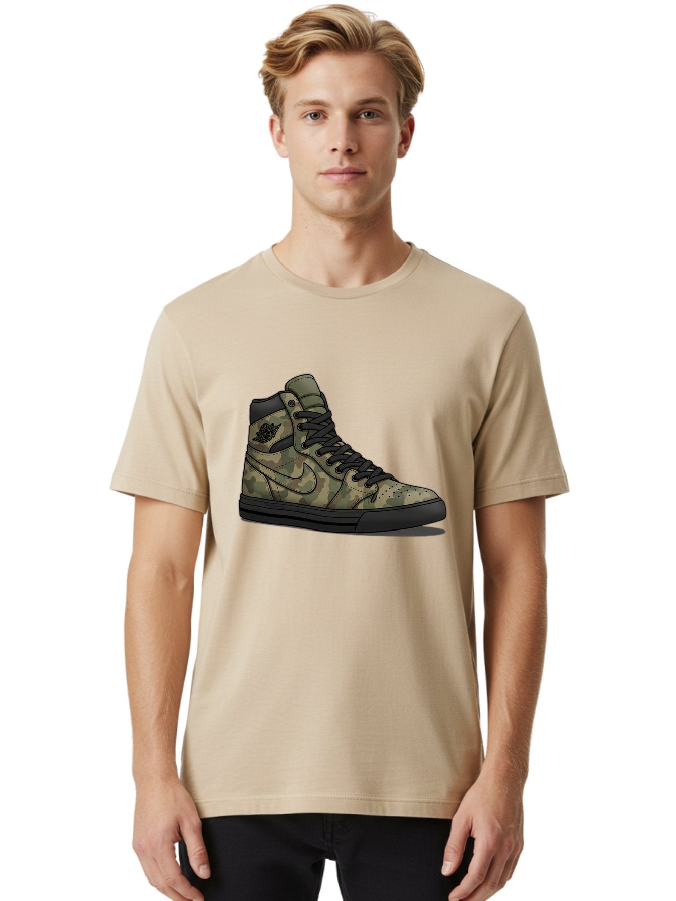 Camo-Jordan-1 Men'S Graphic Tee, 100% Cotton, Comfortable Casual Summer Wear, Machine Washable, Camouflage Nike Shoe, High-Top Sneakers, Black Laces, Nike Swoosh Logo, Streetwear Fashion, Athletic Footwear, Camouflage Pattern, Black Sole Baa247 26