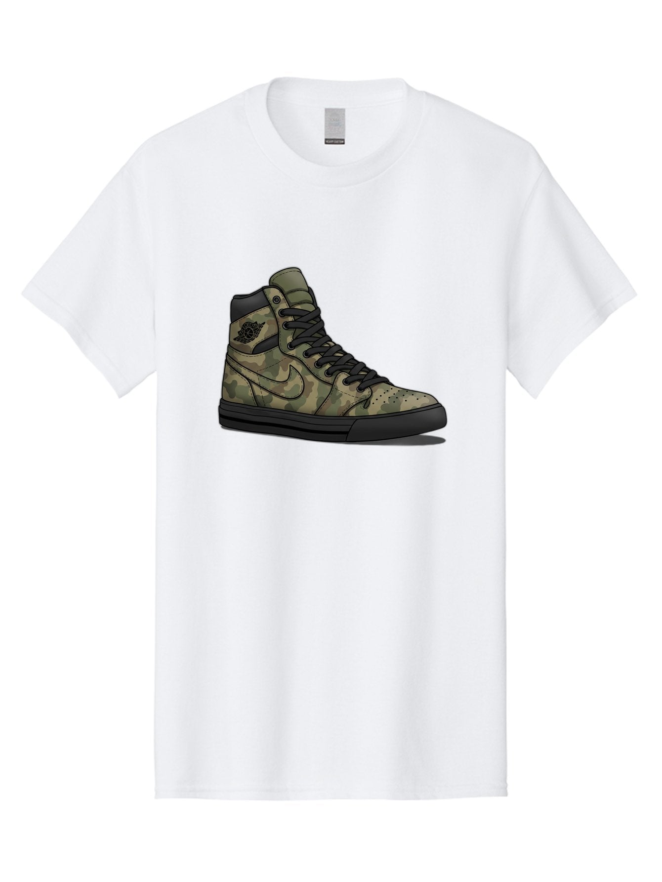 Camo-Jordan-1 Men'S Graphic Tee, 100% Cotton, Comfortable Casual Summer Wear, Machine Washable, Camouflage Nike Shoe, High-Top Sneakers, Black Laces, Nike Swoosh Logo, Streetwear Fashion, Athletic Footwear, Camouflage Pattern, Black Sole Baa247 7